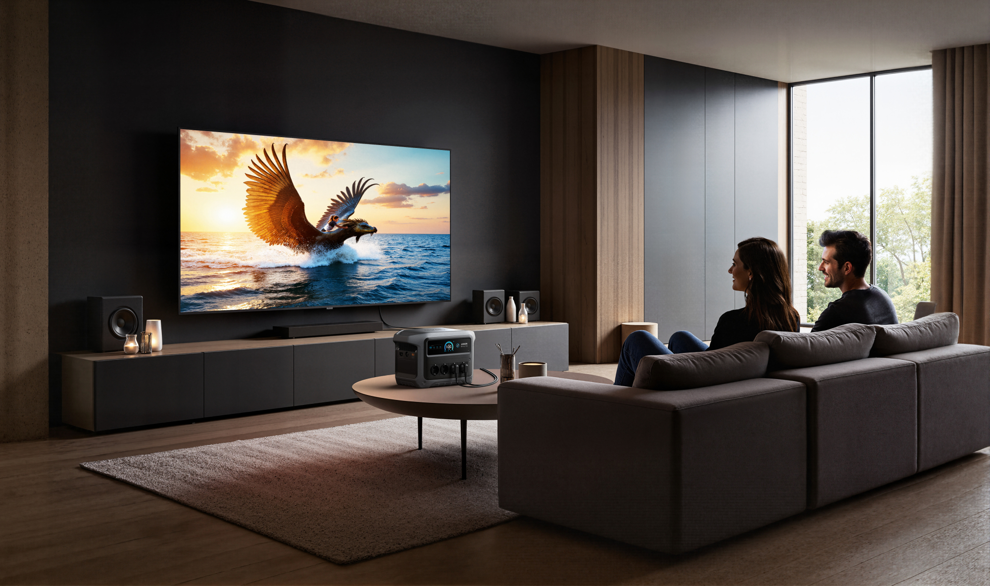 Para siedzi na kanapie oglądając telewizję. Telewizor pokazuje orła nad wodą. Stacja zasilania stoi na stole.