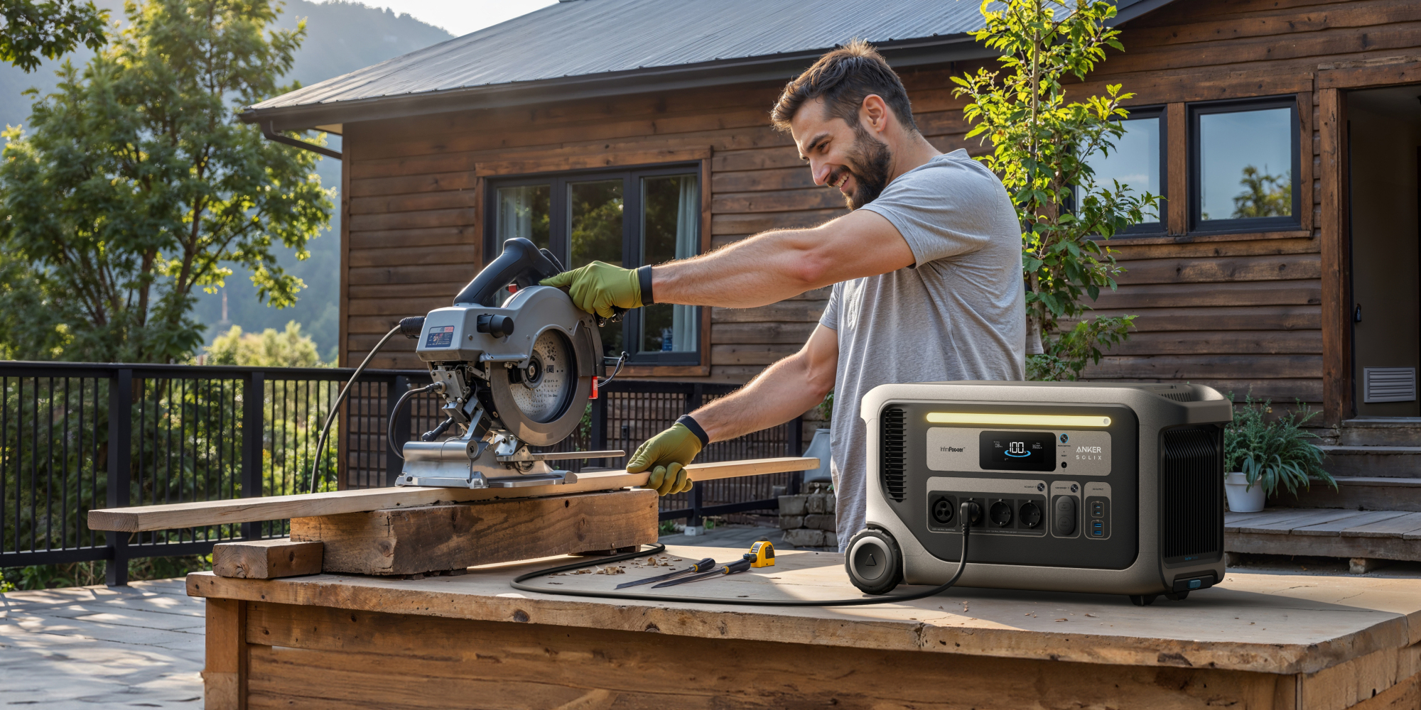Mężczyzna używa piły tarczowej na zewnątrz. Stacja zasilania Anker Solix w pobliżu. Drewniany dom i drzewa w tle.