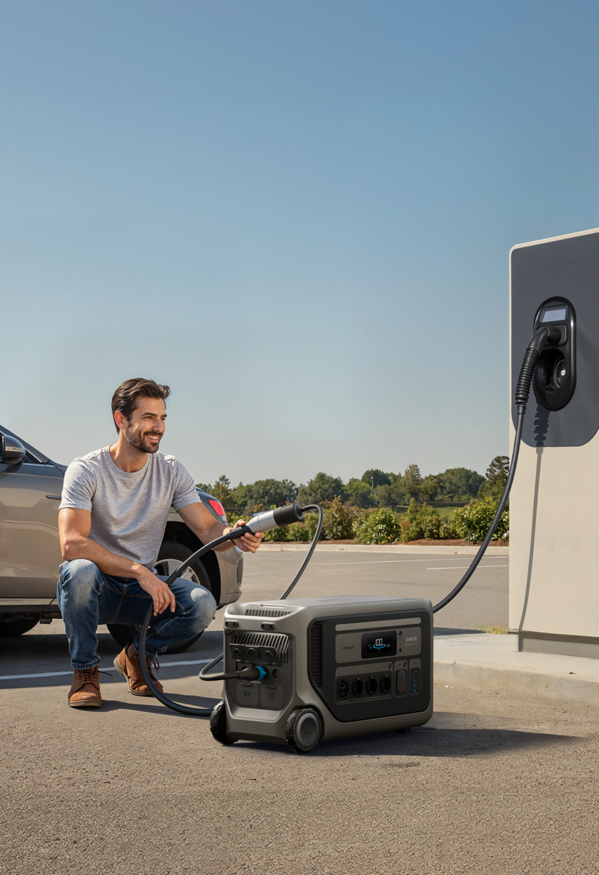 Mężczyzna kuca, aby podłączyć ładowarkę EV do samochodu. Elektrownia i stacja ładowania Anker w scenie.