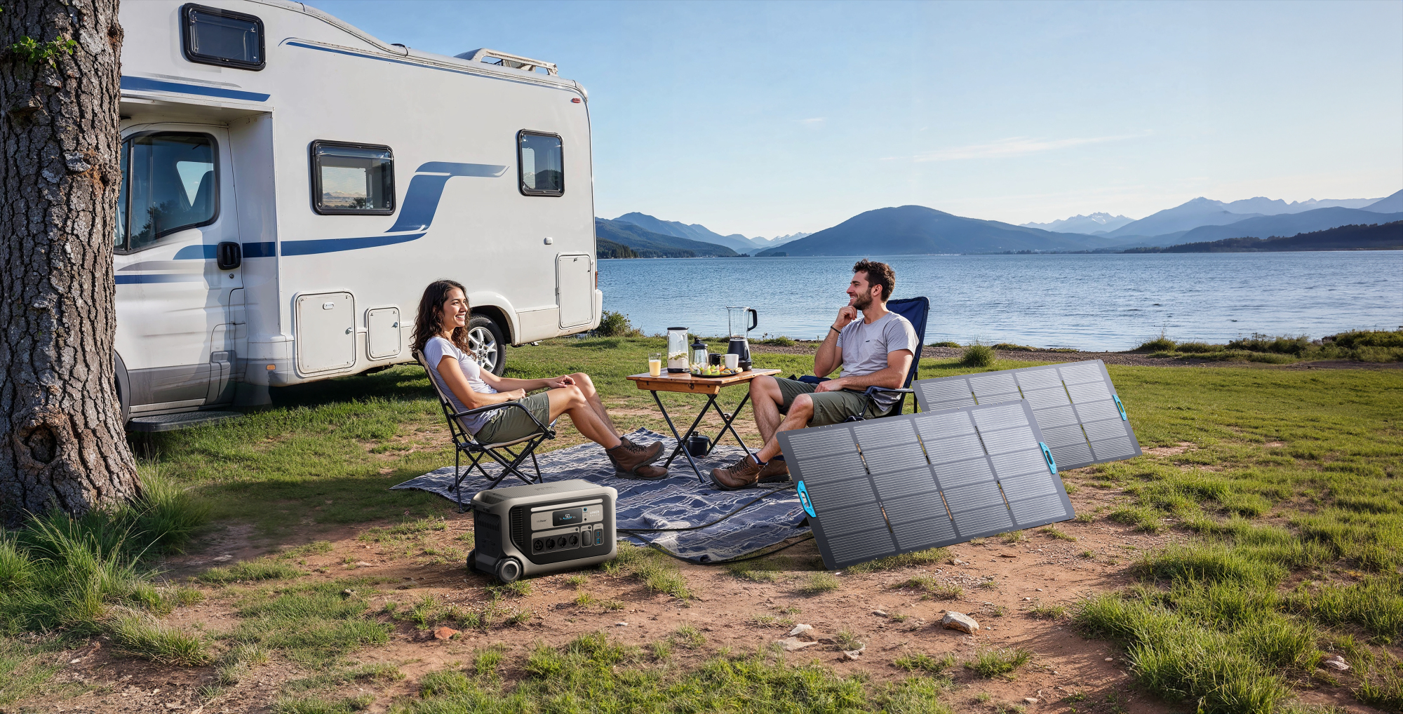 Paar sitzt in der Nähe eines Wohnmobils am See. Solarpanels, eine Powerstation und ein Tisch mit Getränken sind sichtbar.