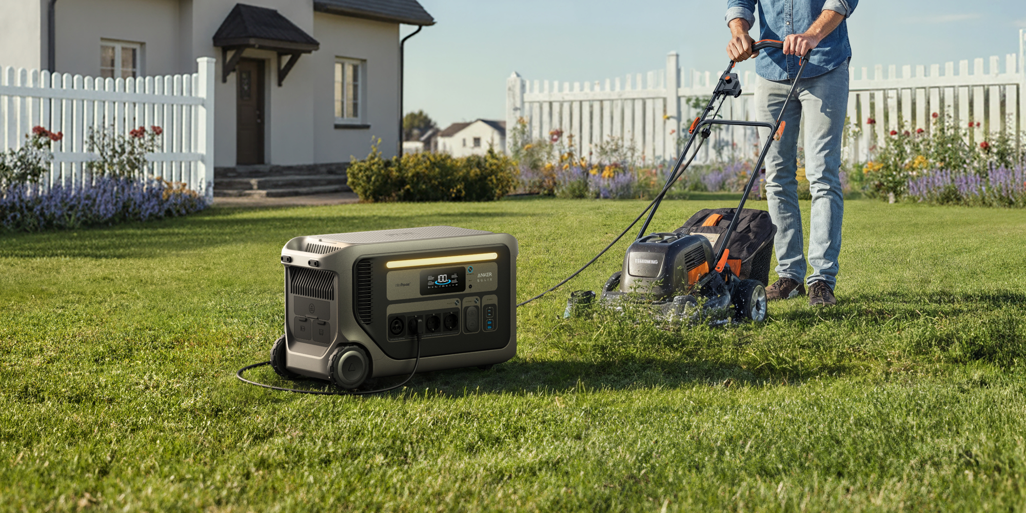 Mężczyzna kosi trawnik kosiarką, podłączoną do stacji zasilania. W tle dom i białe ogrodzenie.