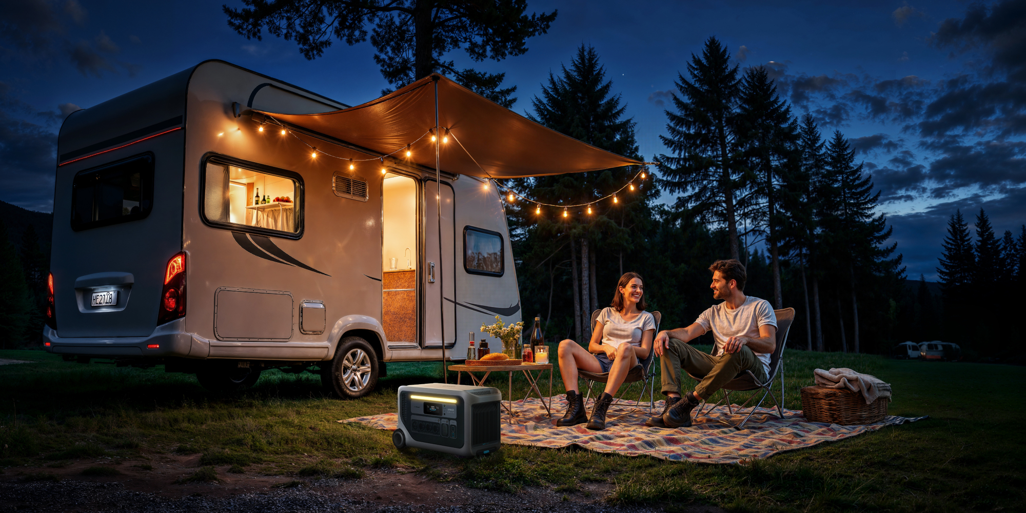 Para siedzi w pobliżu kampera w nocy, oświetlona lampkami. Drzewa są w tle. Stacja zasilania stoi na ziemi.