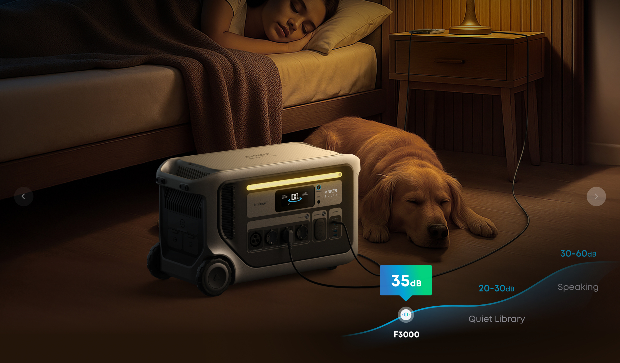 Eine Frau schläft im Bett. Ein Golden Retriever liegt auf dem Boden. Eine Anker-Powerstation steht auf dem Boden, und ein Nachttisch steht neben dem Bett.