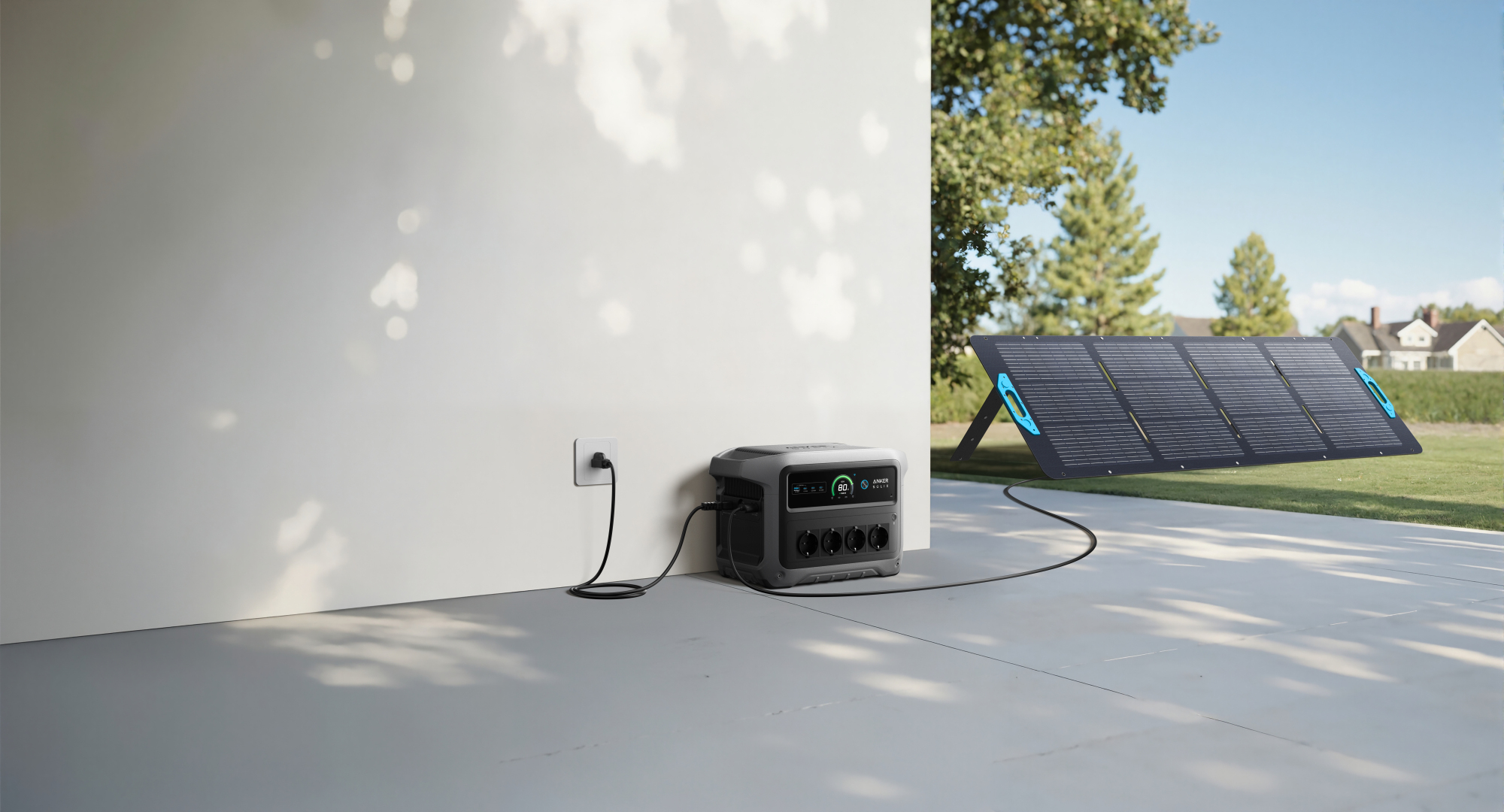 Panel słoneczny i stacja zasilania znajdują się na patio. Panel jest na trawie, stacja obok gniazdka.