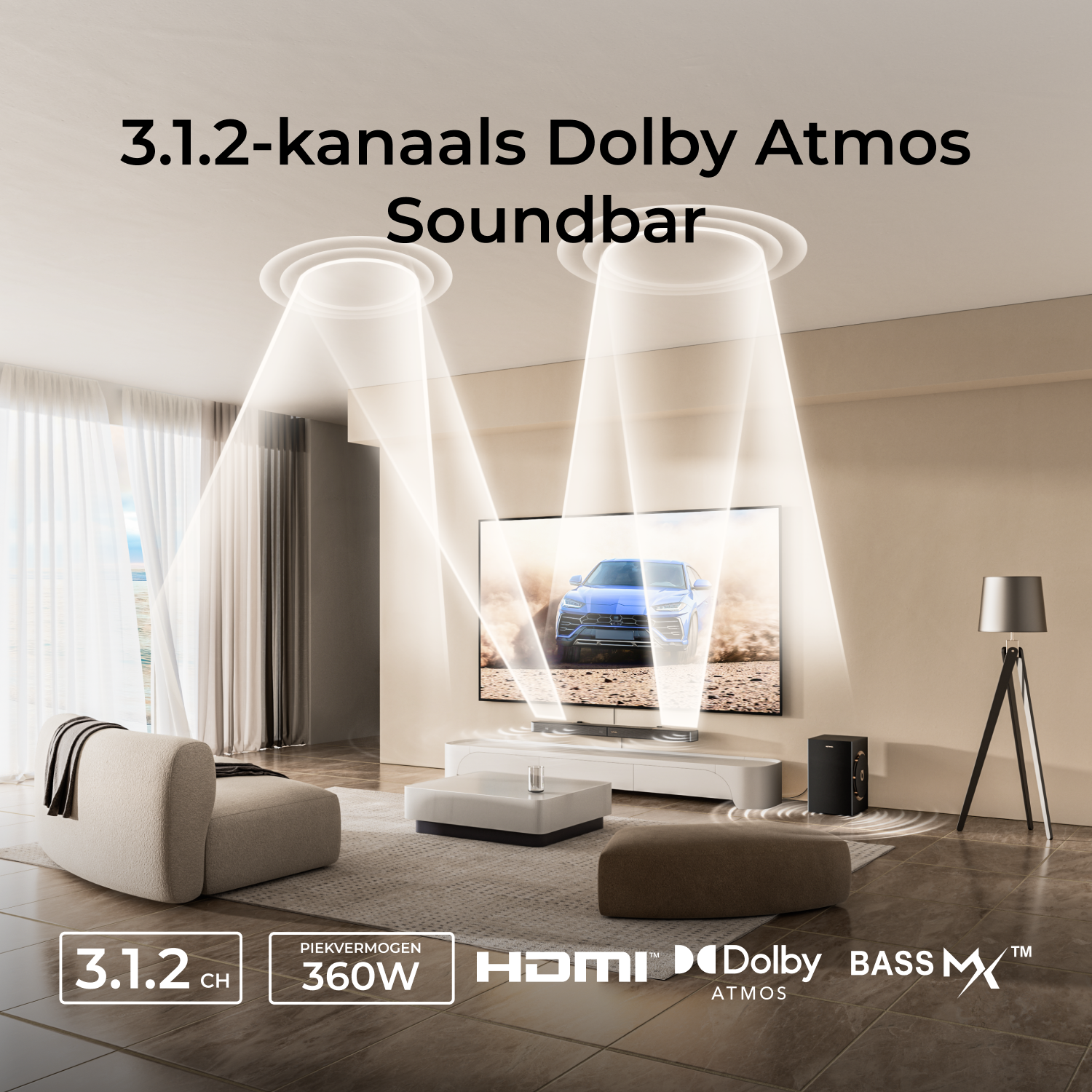 Salon avec barre de son, TV, canapé et haut-parleur. Des faisceaux lumineux émanent du plafond. Le texte indique Dolby Atmos et barre de son.