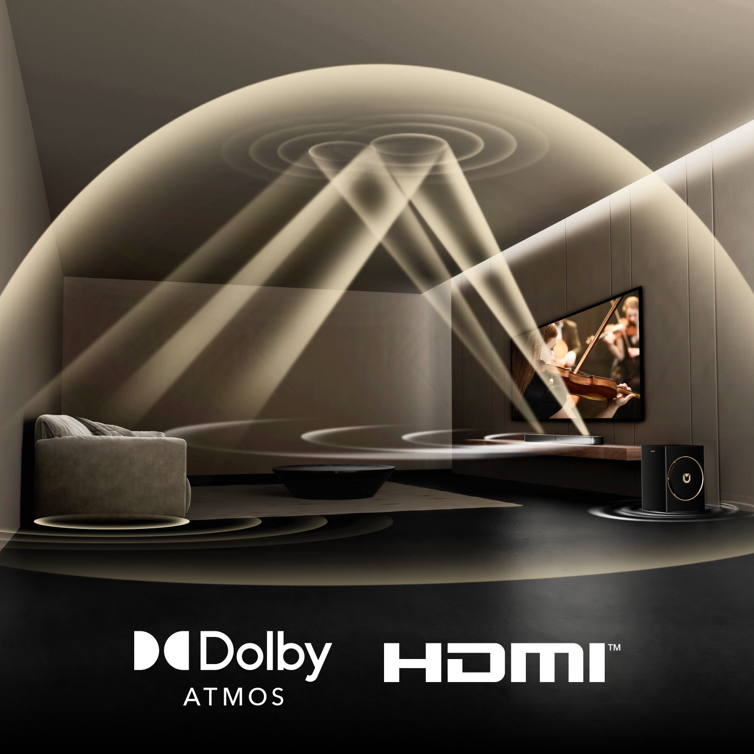 Une pièce avec une télévision montrant une performance de violon, un canapé et des ondes sonores. Logos Dolby Atmos et HDMI.