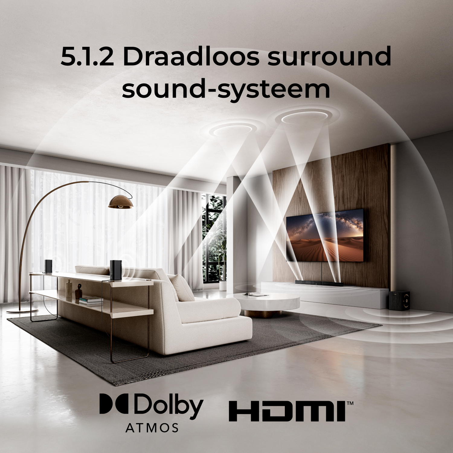 A modern living room with a sound system setup, including a TV, speakers, and a sofa. The scene is well-lit and stylish.