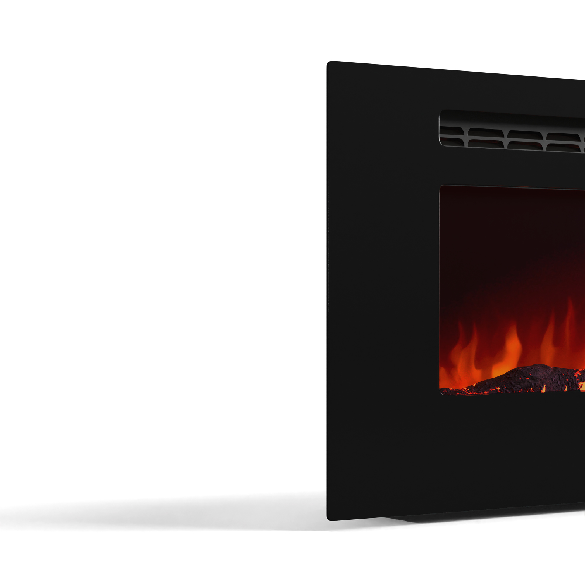 Ein schwarzer Elektrokamin. Flammen sind im Glas zu sehen. Der Hintergrund ist weiß.