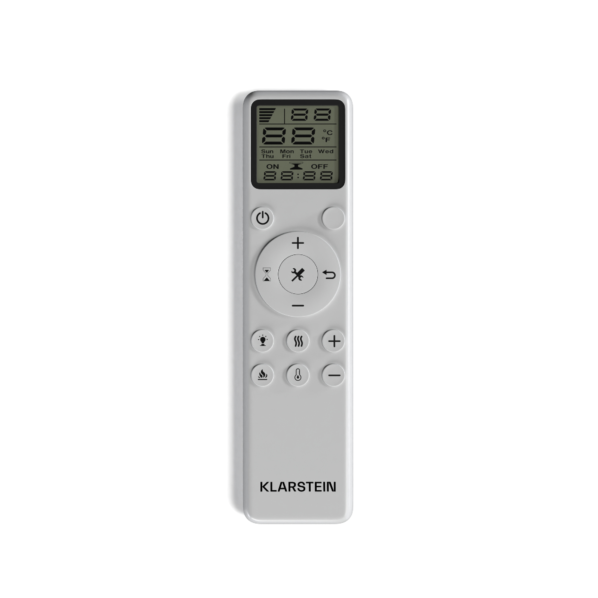 Un mando a distancia blanco con pantalla digital que muestra la temperatura y la hora, también con botones. La marca es Klarstein.
