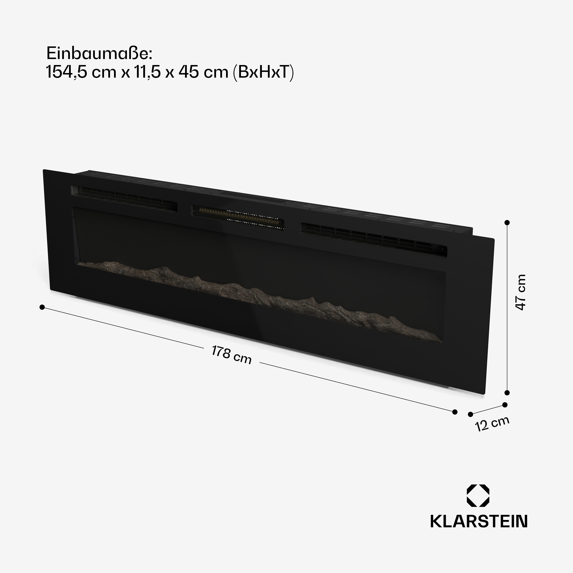 Schwarzer Elektrokamin mit Maßangaben. Er zeigt Maße wie 154,5 cm x 11,5 cm x 45 cm.