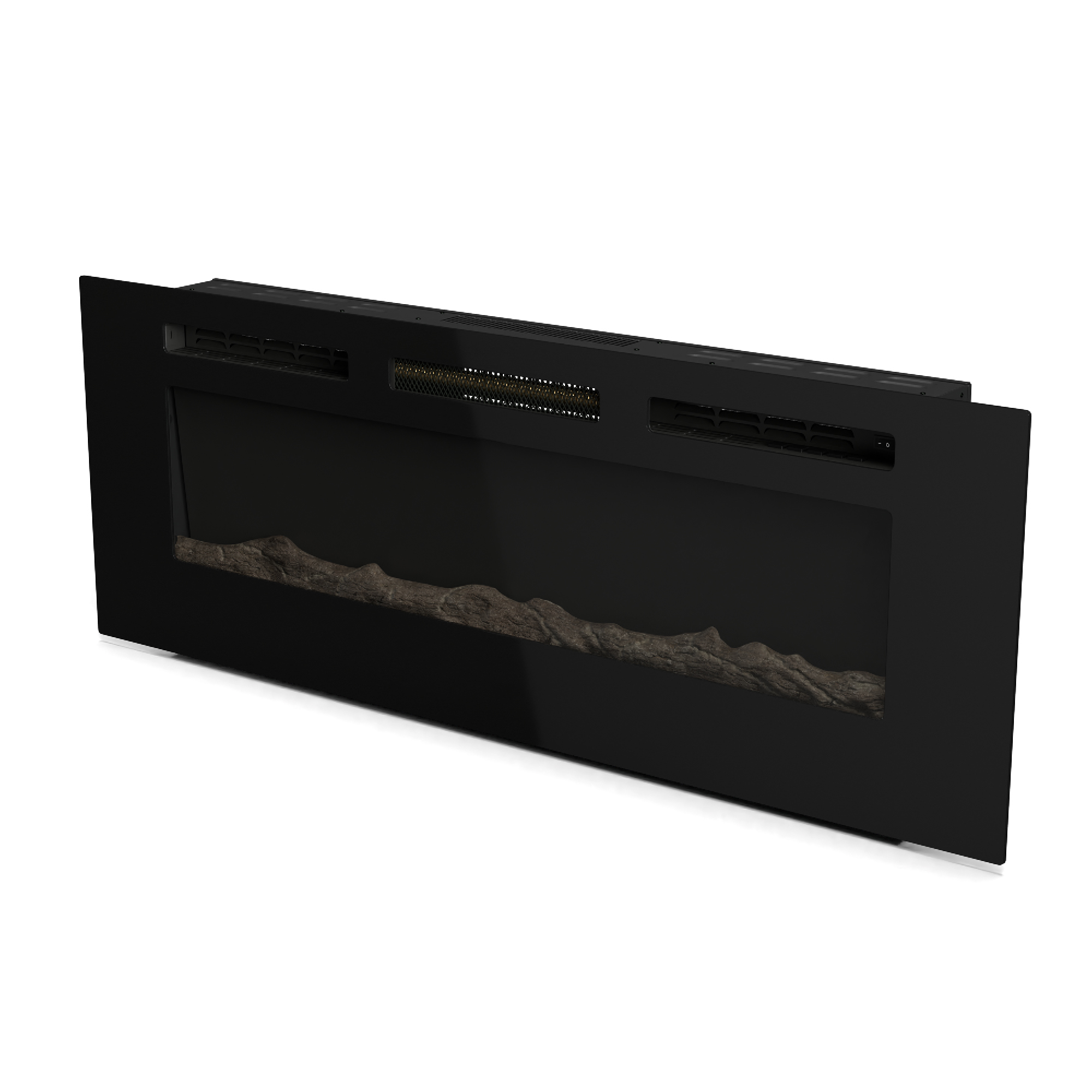 Un moderno camino elettrico nero con un finto ceppo. Ha una cornice nera e uno sfondo bianco.