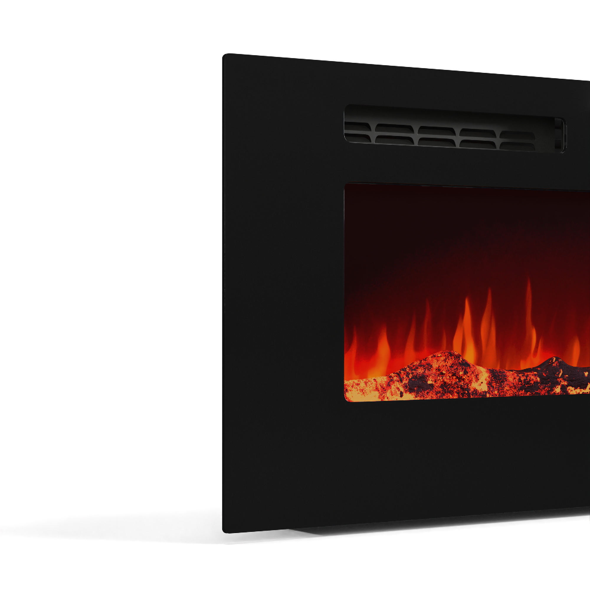 Caminetto elettrico nero con effetto fiamma. Presenta prese d'aria e sfondo bianco.