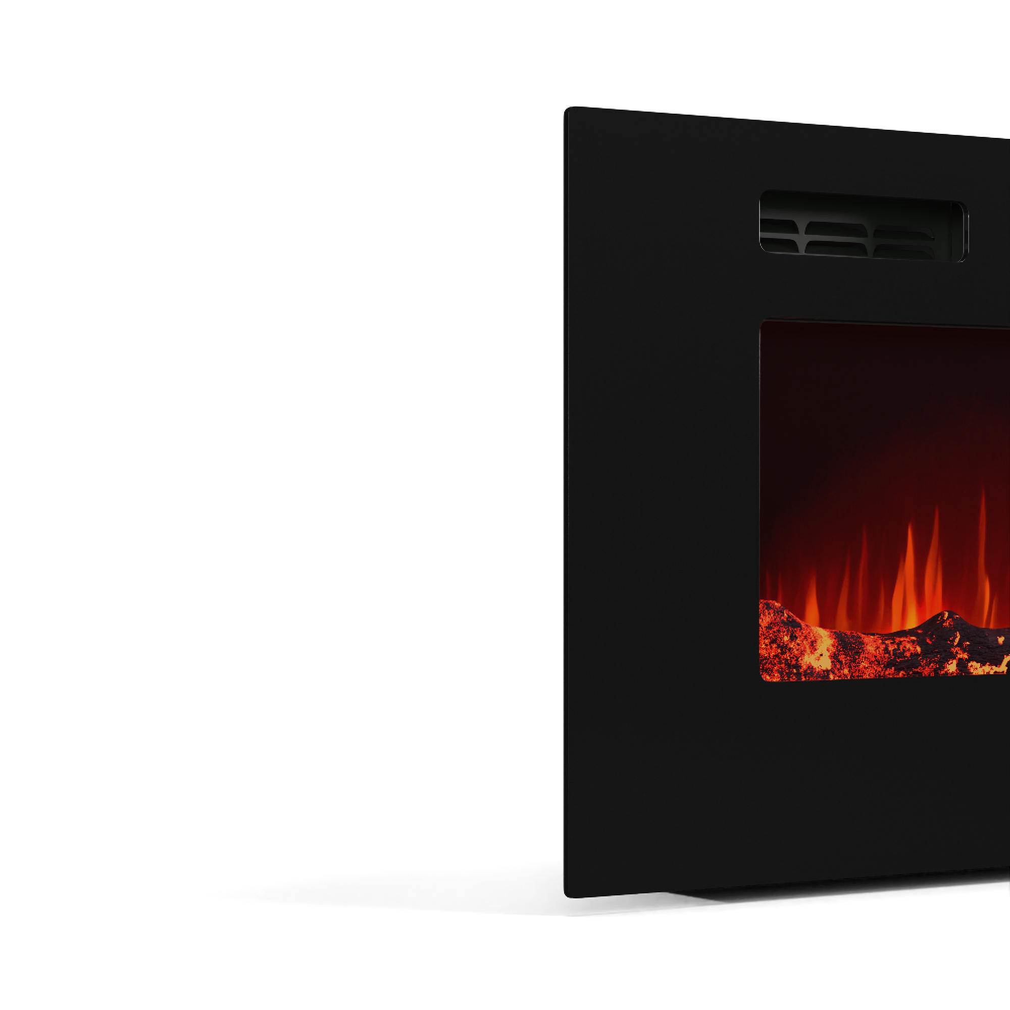 Un caminetto elettrico nero. Ha uno sfiato in alto e l'effetto fiamma è visibile, mostrando tronchi e fiamme che bruciano.