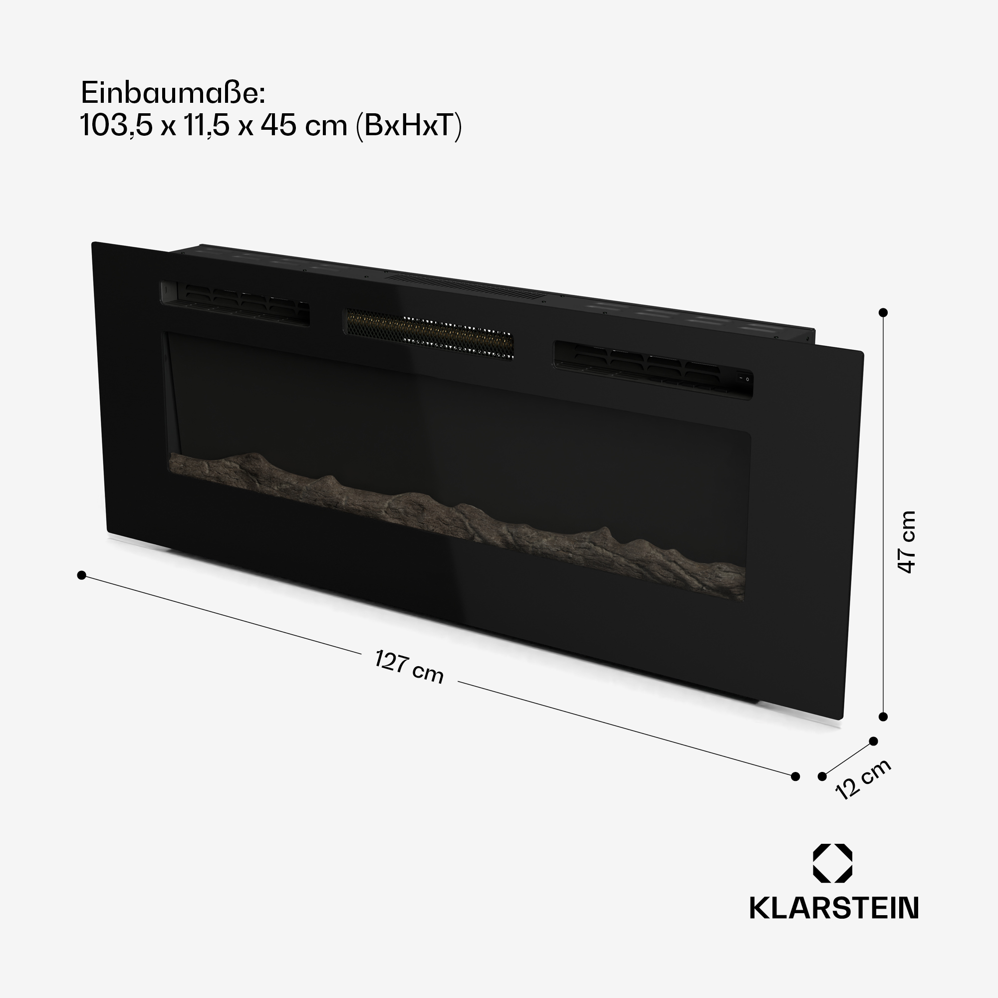 Caminetto elettrico nero con dimensioni: 127 cm lungo, 47 cm alto. Include dimensioni e logo del marchio.