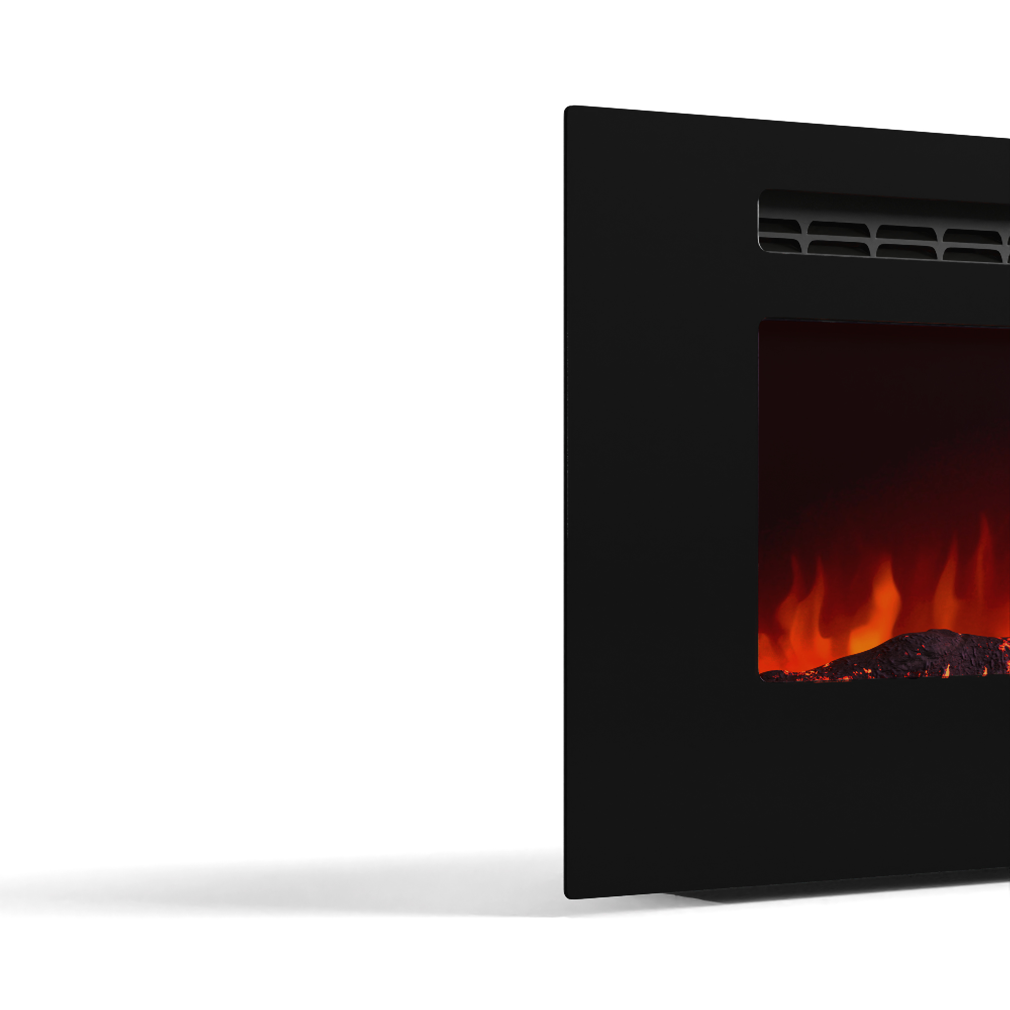 Una chimenea eléctrica negra sobre una superficie blanca. Las llamas son visibles dentro de la chimenea. Está en ángulo.