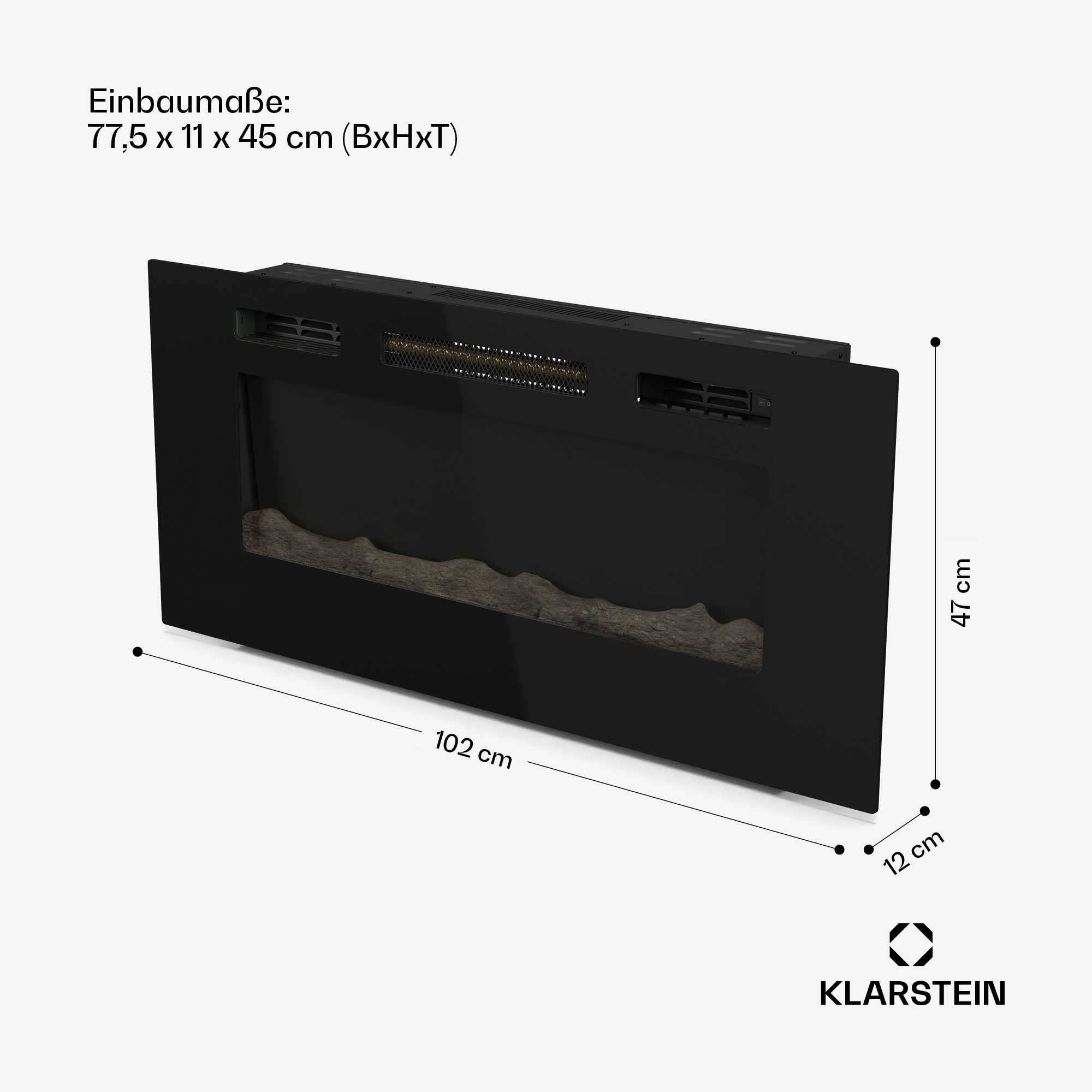 Caminetto nero con dimensioni indicate. Ha un finto fuoco ed effetto legno. Il marchio è Klarstein.