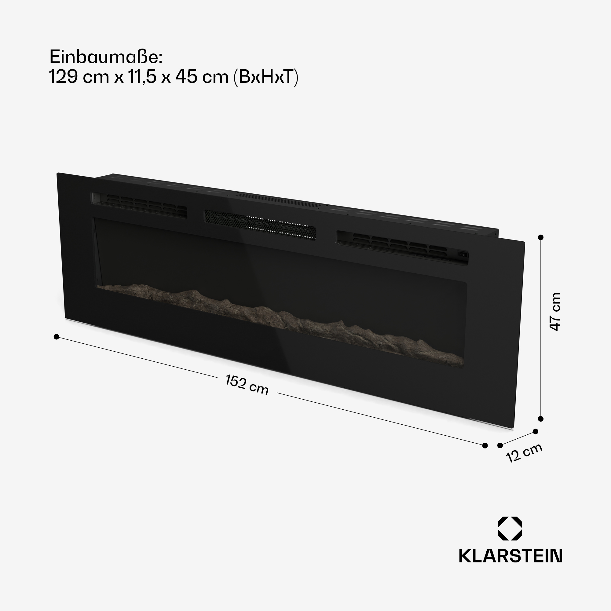 Una chimenea eléctrica negra con dimensiones etiquetadas. La marca es Klarstein. Tiene un tronco falso dentro.