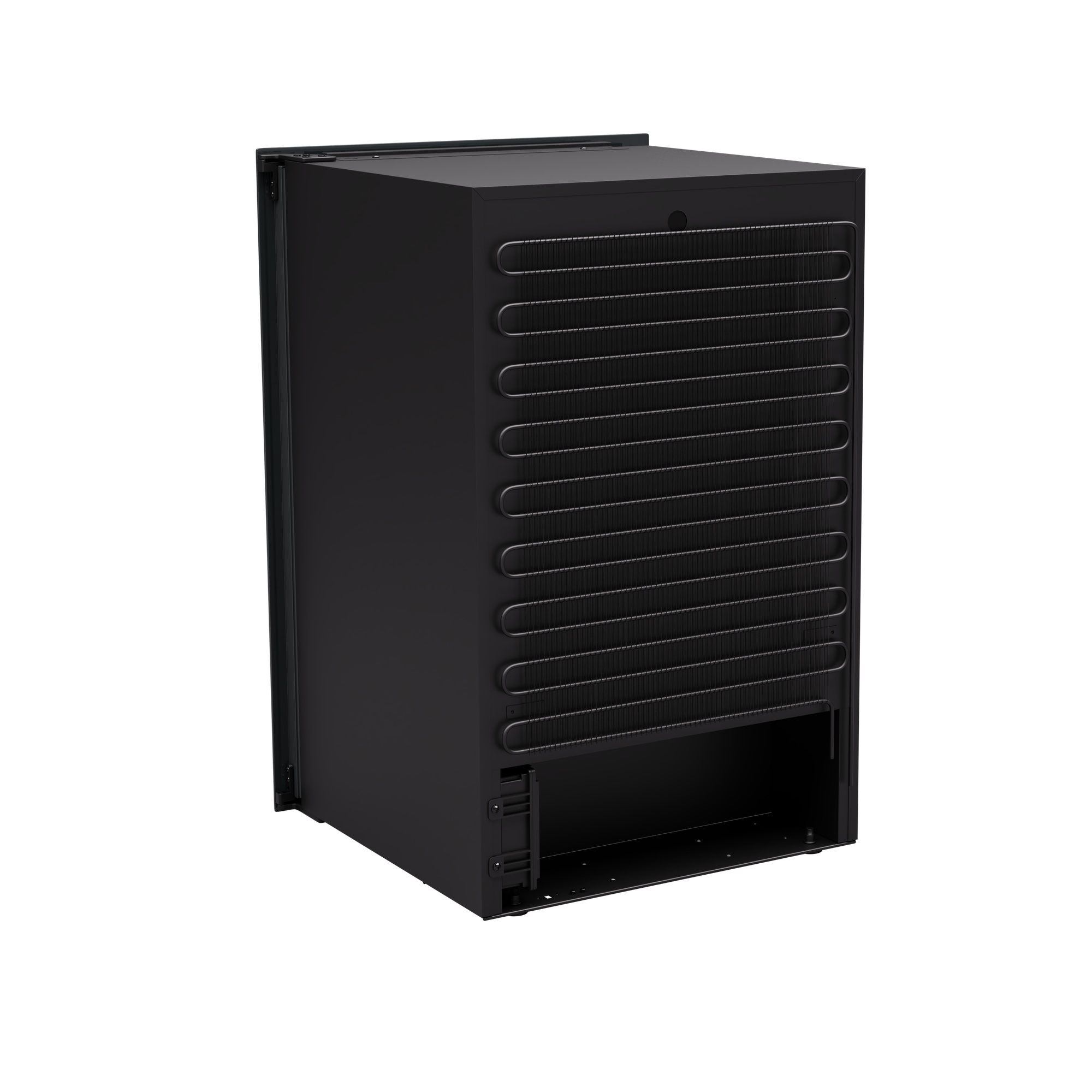 Componente nero del frigorifero, con griglia di raffreddamento sul retro. Su sfondo bianco.