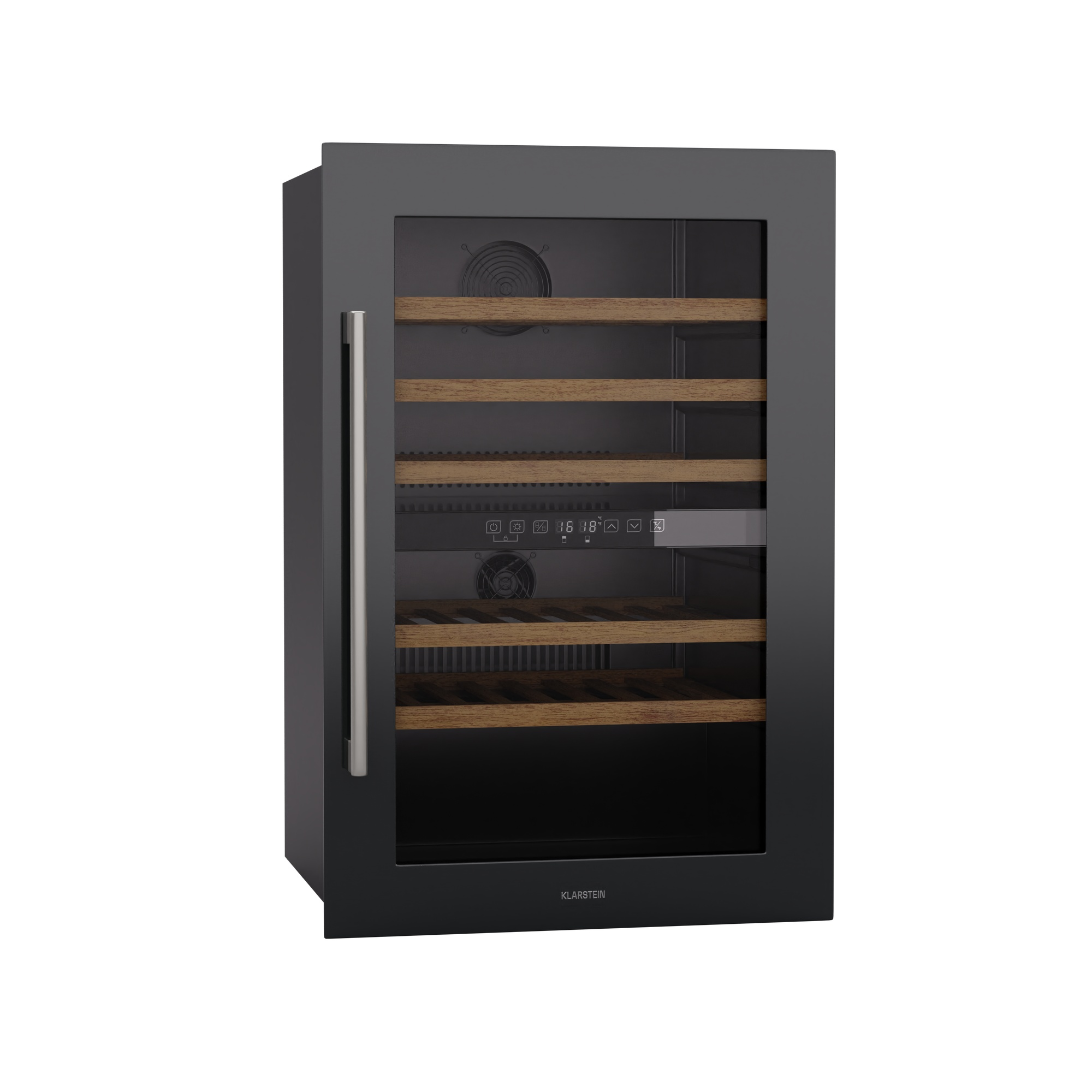 Un refrigeratore per vino nero con porta in vetro, ripiani in legno e display digitale. Il logo Klarstein è visibile.