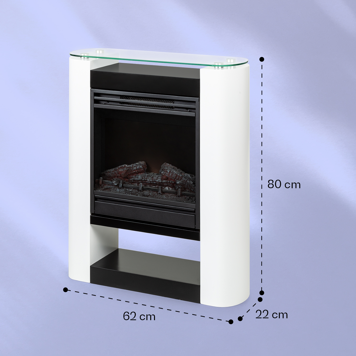 Una chimenea eléctrica blanca con detalles negros, tapa de cristal y dimensiones: 62cm x 22cm x 80cm.