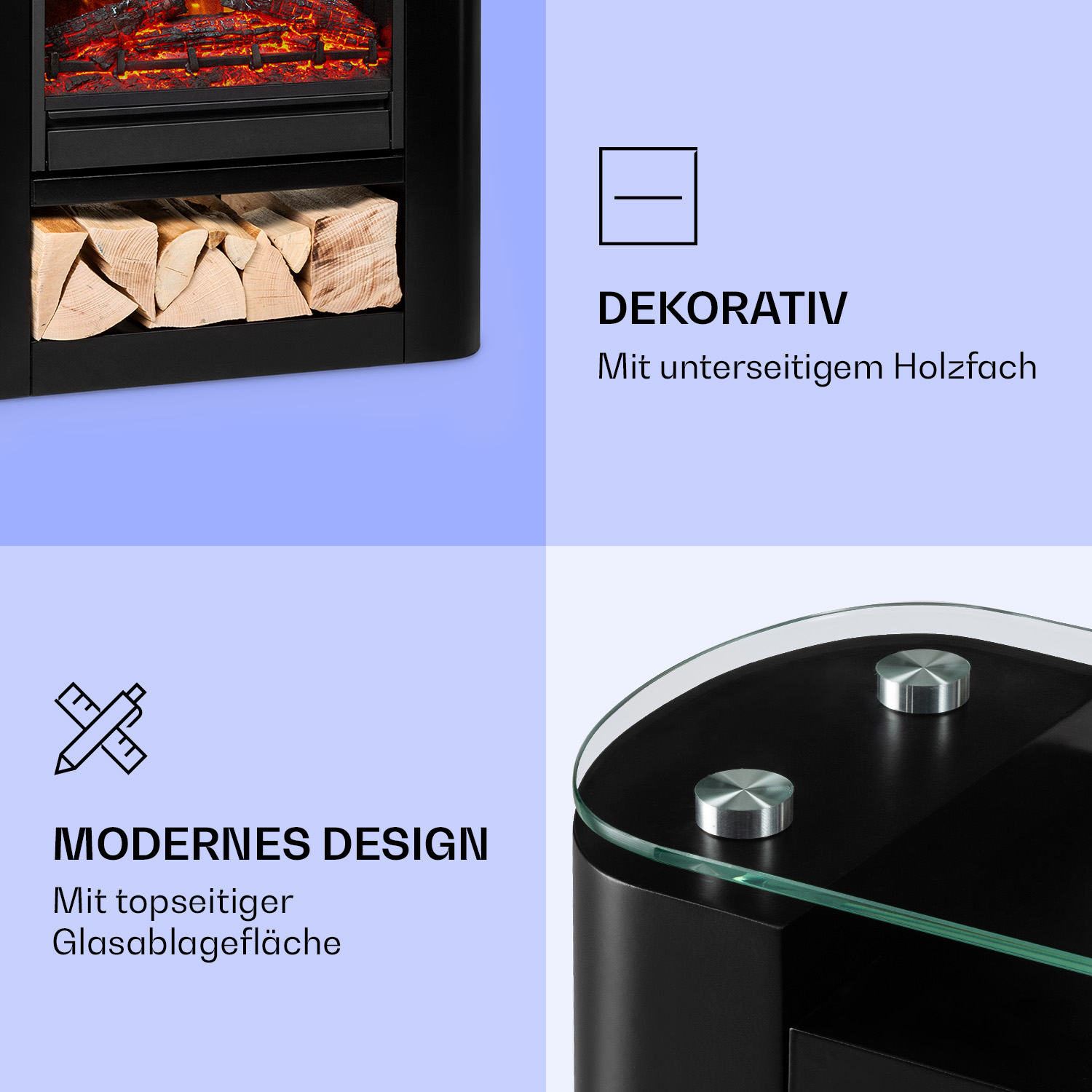 Chimenea negra con troncos de madera en la parte inferior. Bloques de texto: 'DEKORATIV' y 'MODERNES DESIGN' con estante de vidrio.