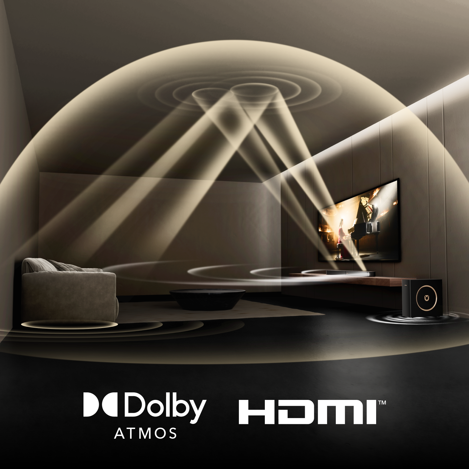 Ein modernes Wohnzimmer mit Fernseher, Soundsystem und Sofa. Schallwellen werden im Raum visualisiert. Dolby Atmos und HDMI Logos werden gezeigt.