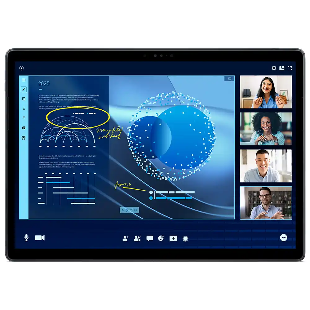 Bir tablet, bir video görüşmesi gösteriyor. Görüşmede dört kişi var. Tablet ayrıca grafiklerle bir sunum gösteriyor.