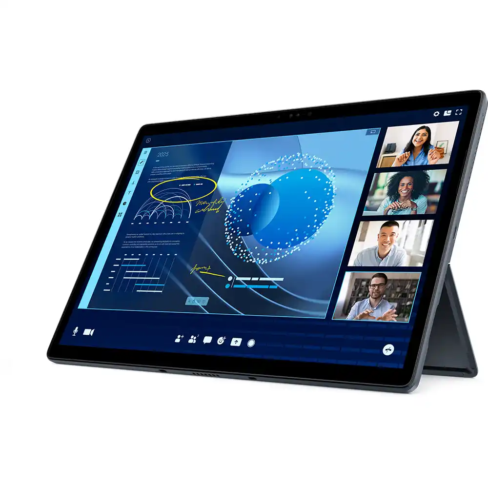 Dört katılımcıyla bir video konferansı gösteren tablet. Ekran, veri görselleştirmesini gösterir. Tablet beyaz bir yüzey üzerinde açılı duruyor.