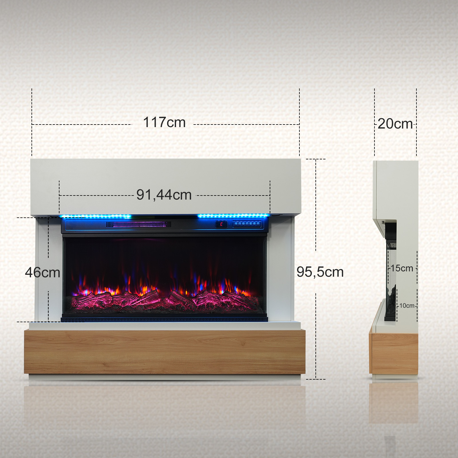 Elektrischer Kamin mit weißem und Holzfinish, Maße werden angezeigt. Flammen sind sichtbar.