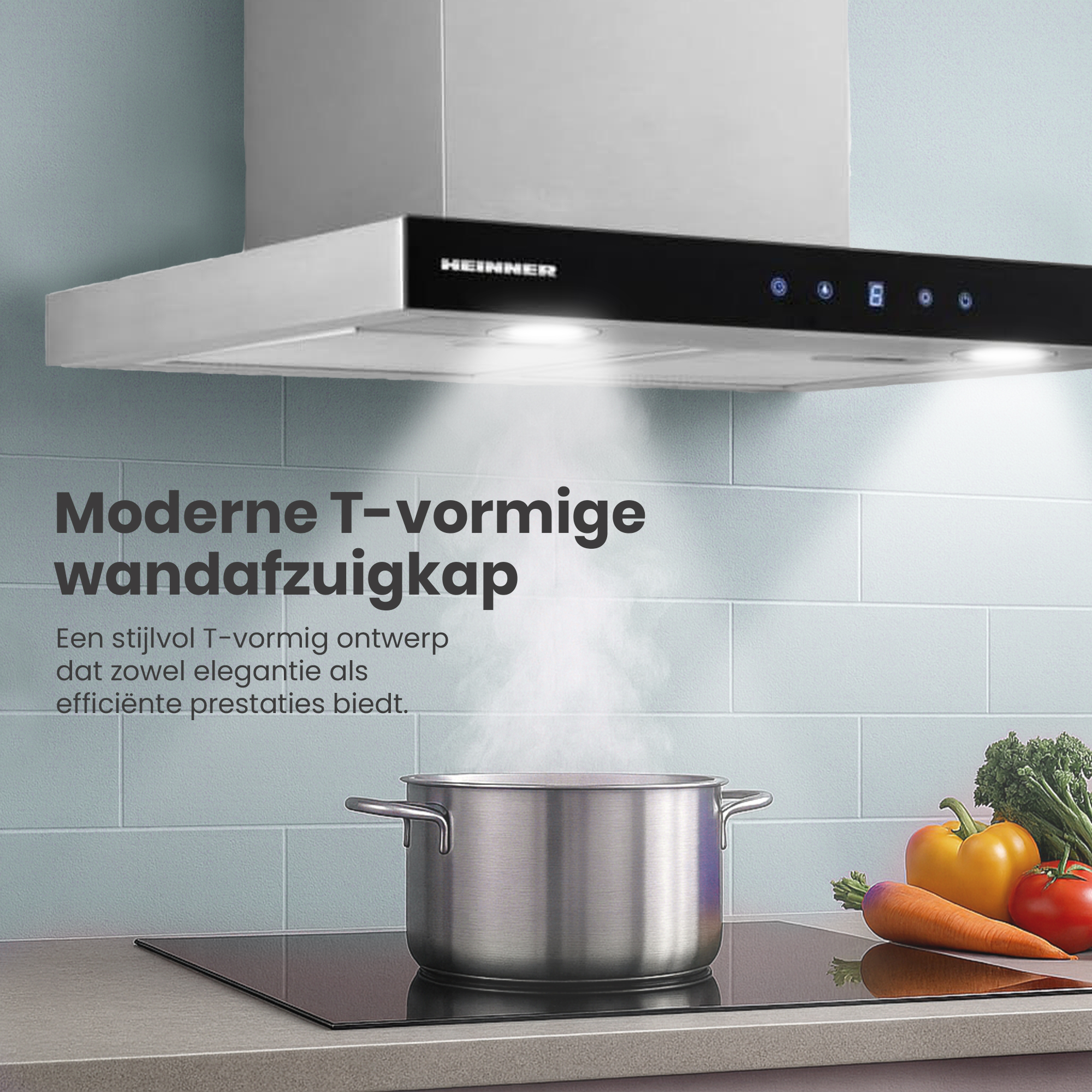 Keuken met zilveren afzuigkap, pan op een fornuis en groenten. Tekst in het Nederlands. Stoom komt omhoog.