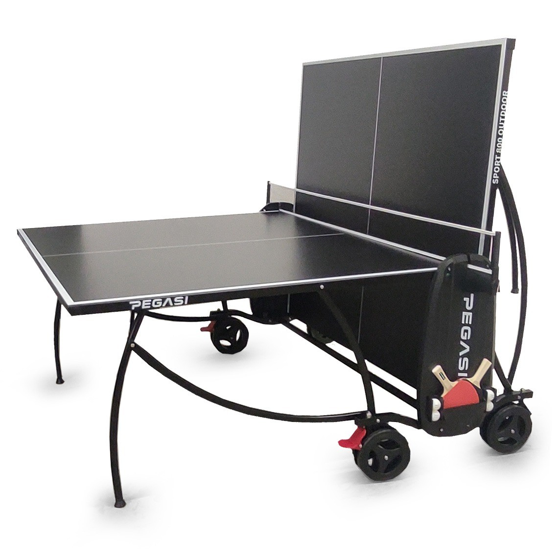A black and silver outdoor ping pong table. It has wheels, a net, and a backboard. The brand name is visible.