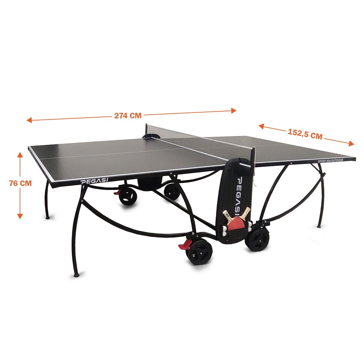 A black and gray Pegasi table tennis table is shown. It has wheels and is labeled with dimensions, including 274 cm and 152.5 cm.