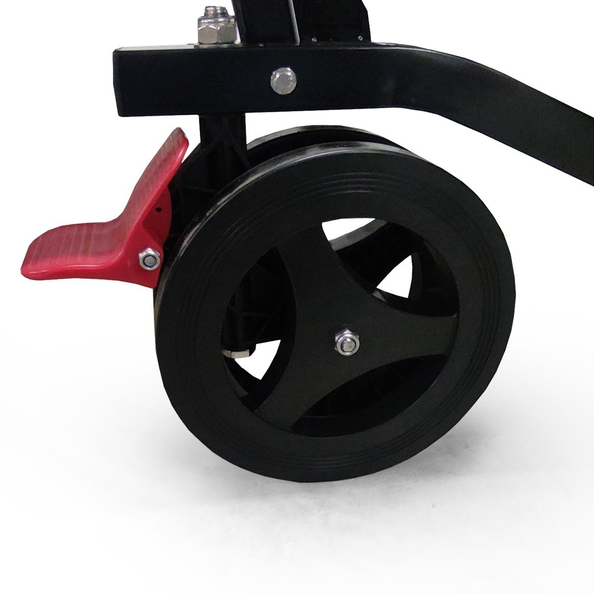 A close-up view shows a black wheel with a red lever and black frame, all against a white background.
