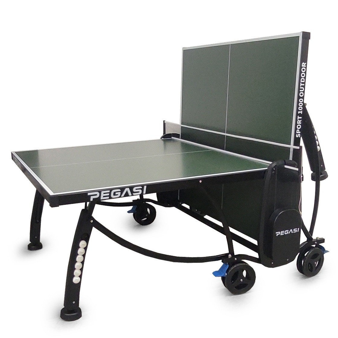 A green and black outdoor table tennis table. It has a net, wheels, and a backboard. The brand name is Pegasi.