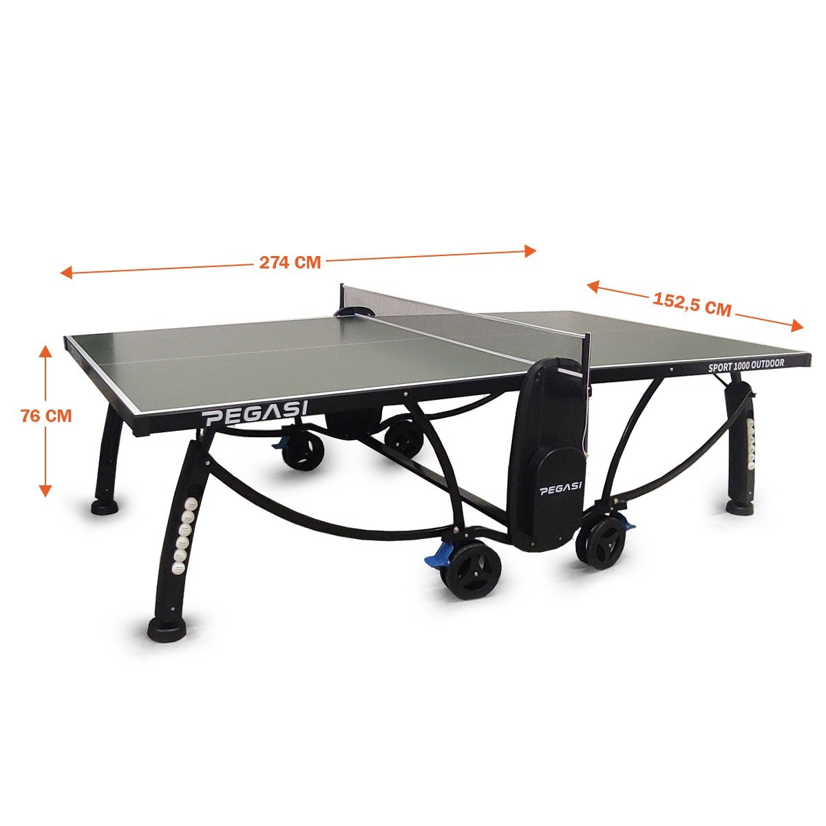 A grey and black ping pong table, branded Pegasi Sport 1000 Outdoor. Dimensions are displayed: 274cm x 152.5cm x 76cm.