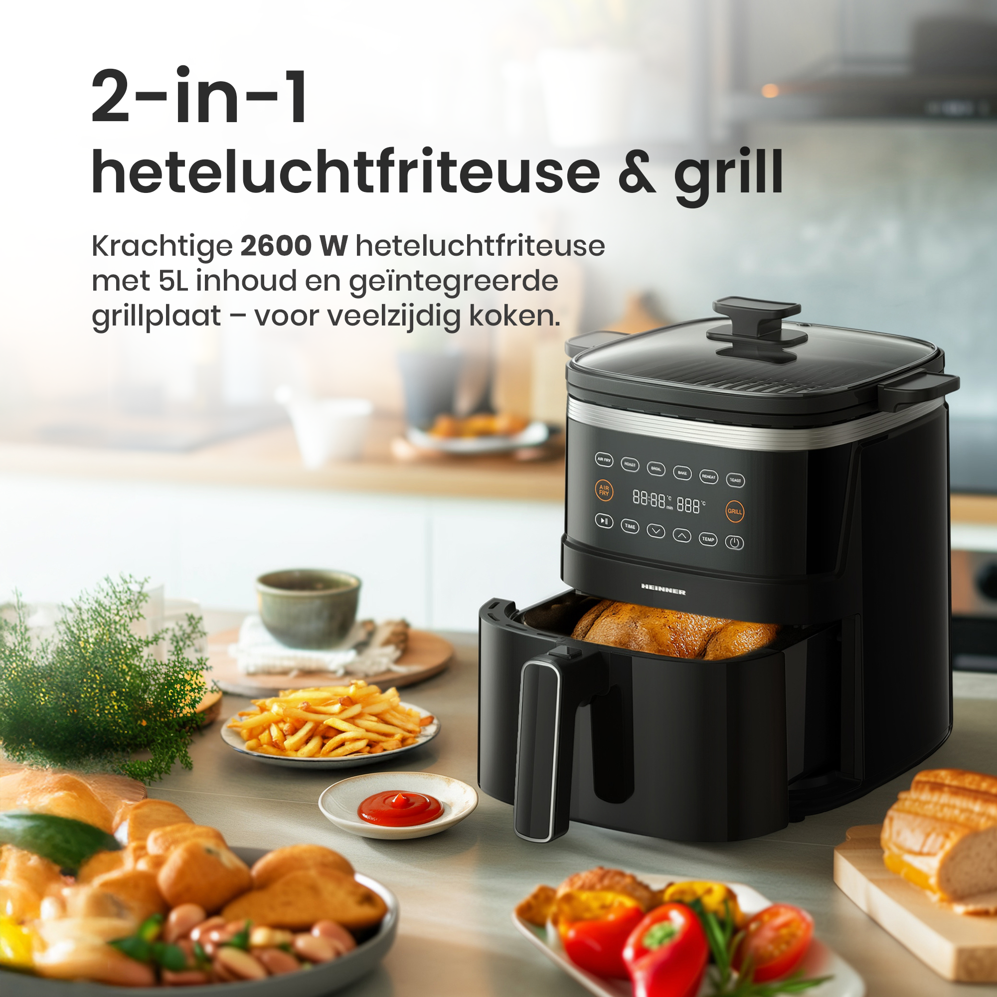 A black air fryer and grill combo with food on a table, including fries, bread, and vegetables.