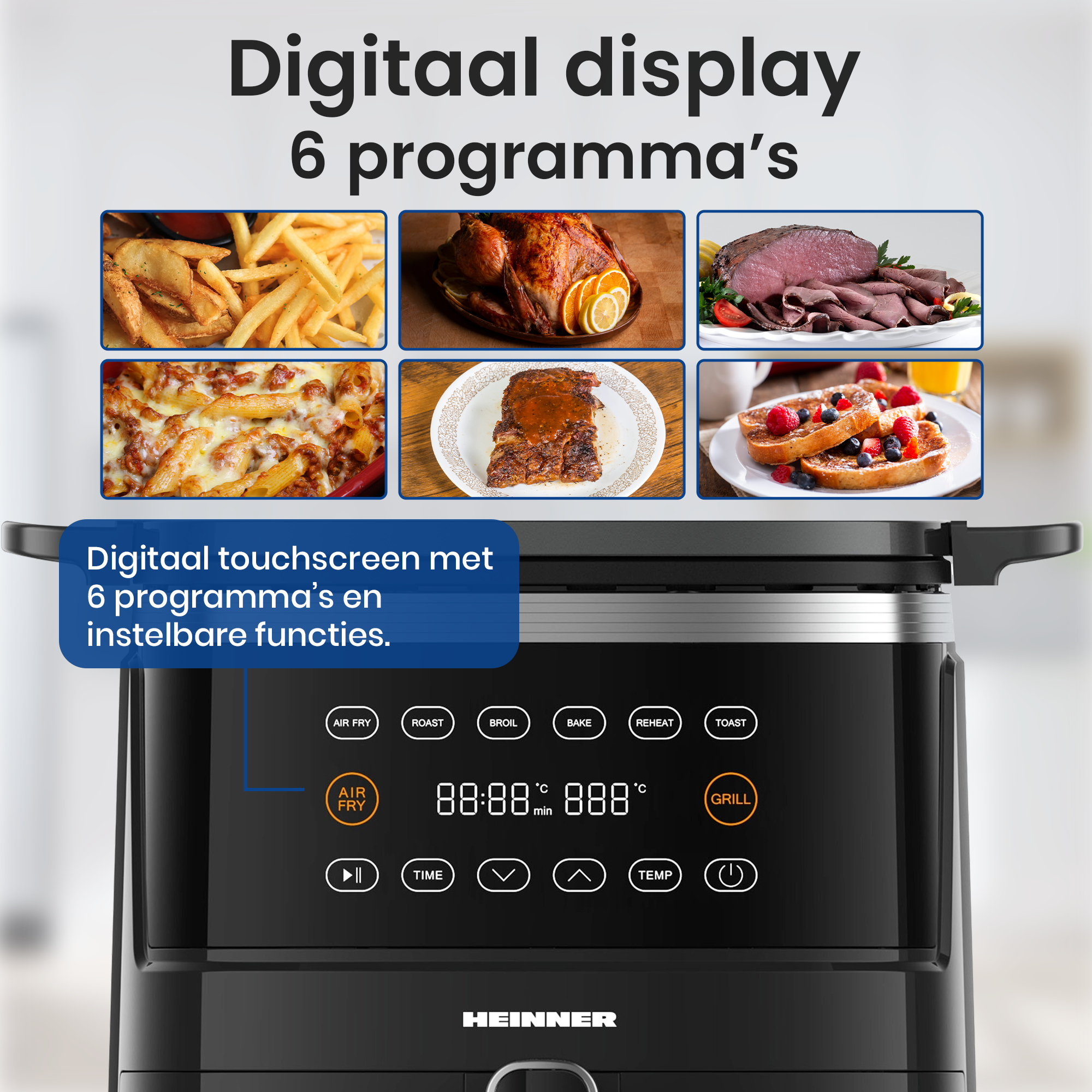 Black air fryer with digital display showing fries, roasted chicken, and other foods. It has 6 programs.