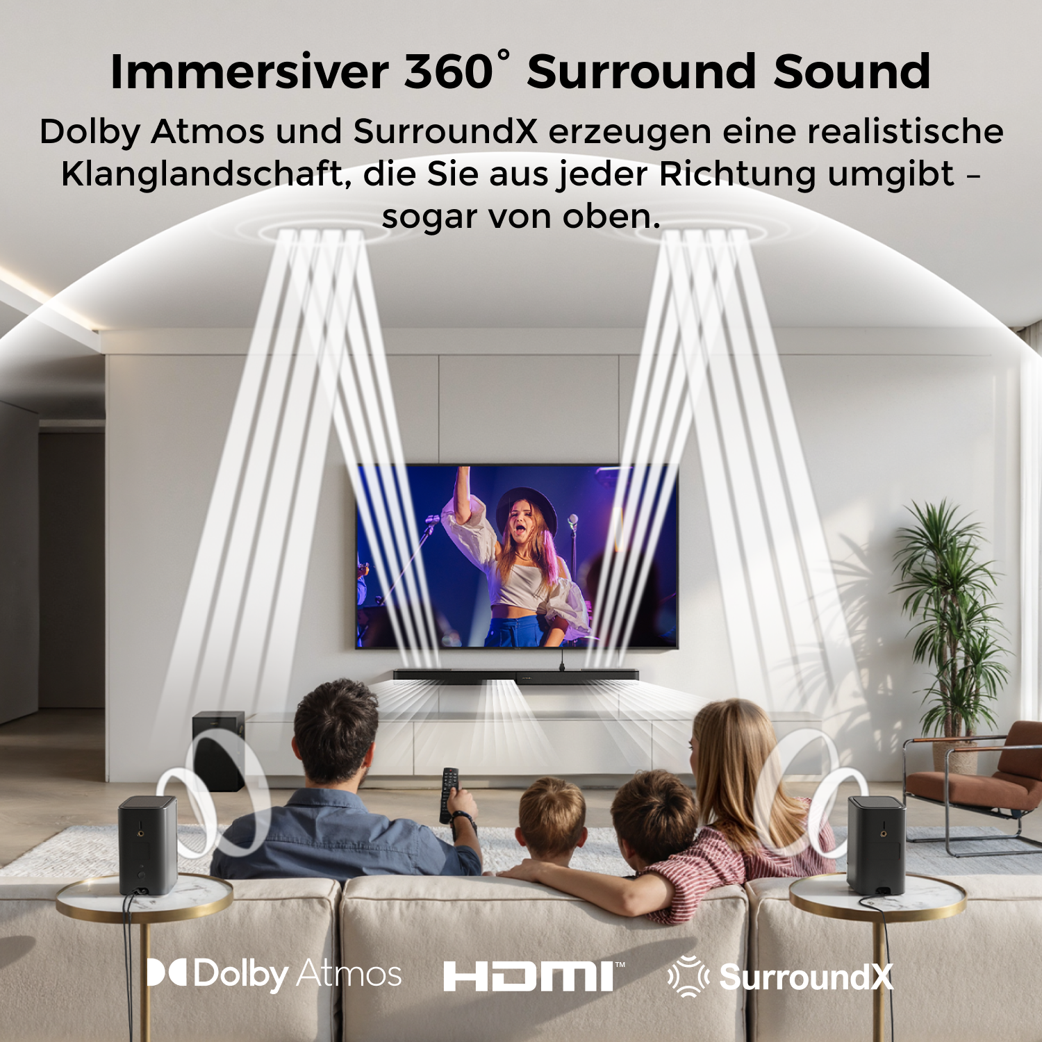 Familie schaut fern mit Surround-Sound-Lautsprechern. Bild zeigt Schallwellen, Dolby Atmos und HDMI-Logos.