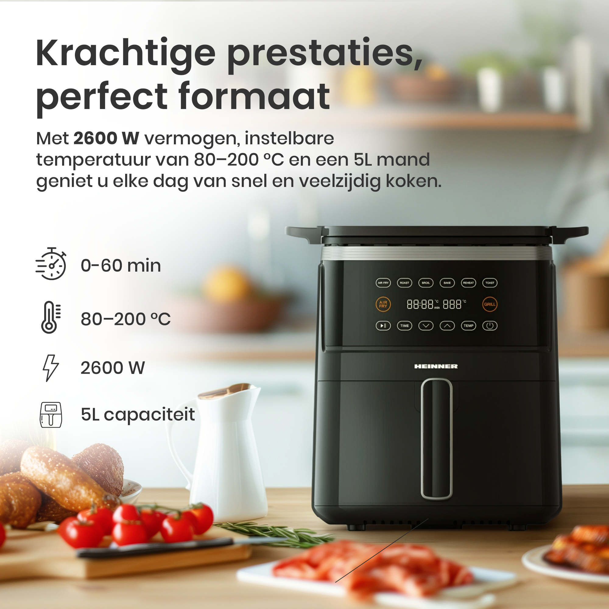 An air fryer with a digital display. Food and a white pitcher are in the foreground. Text about the fryer is on top.