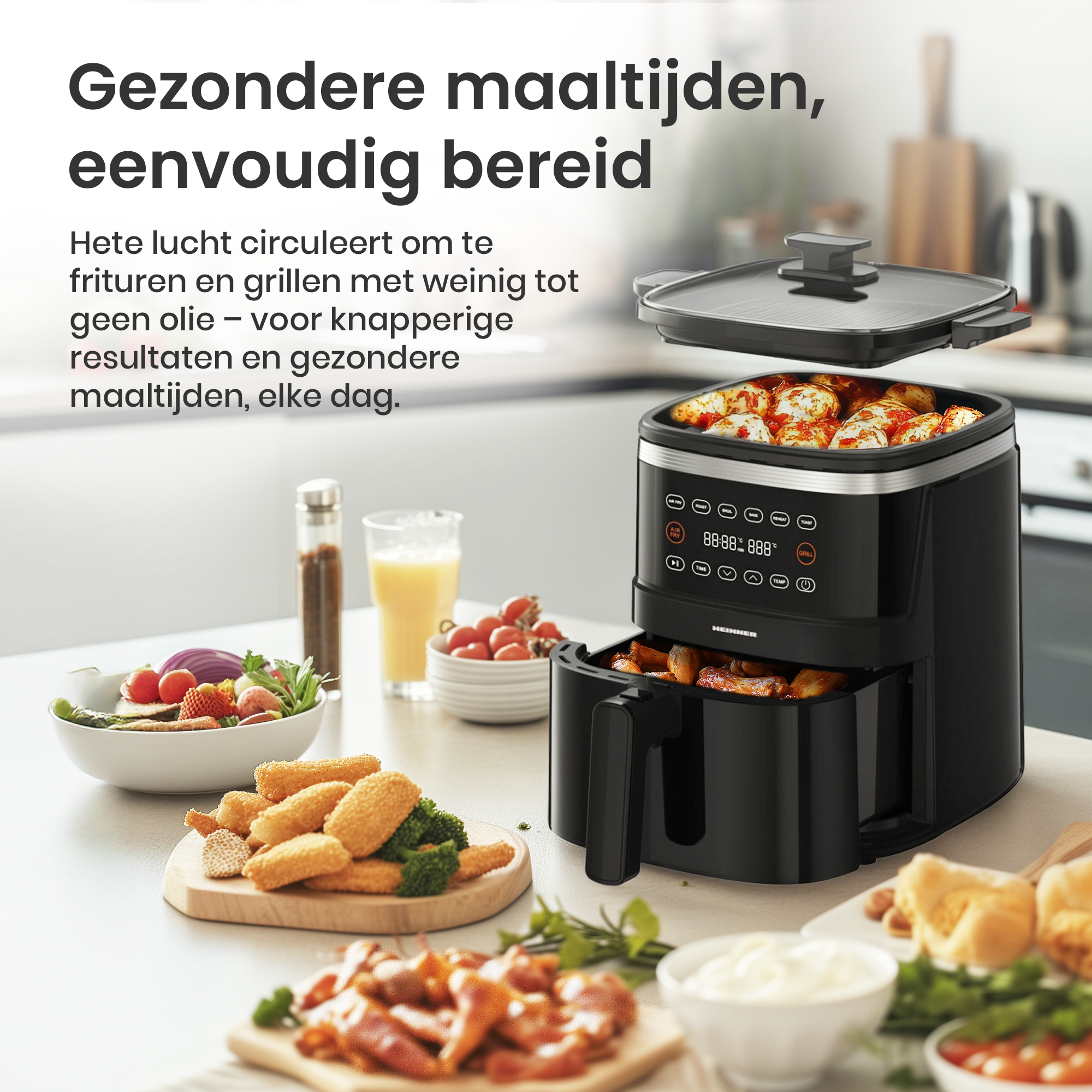 An air fryer with food inside, surrounded by prepared meals and ingredients, on a white surface, with text above.