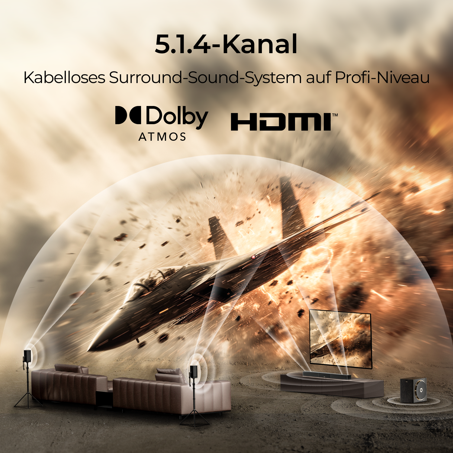 Odrzutowiec przelatuje przez eksplozję. Głośniki i telewizor są ustawione w salonie.