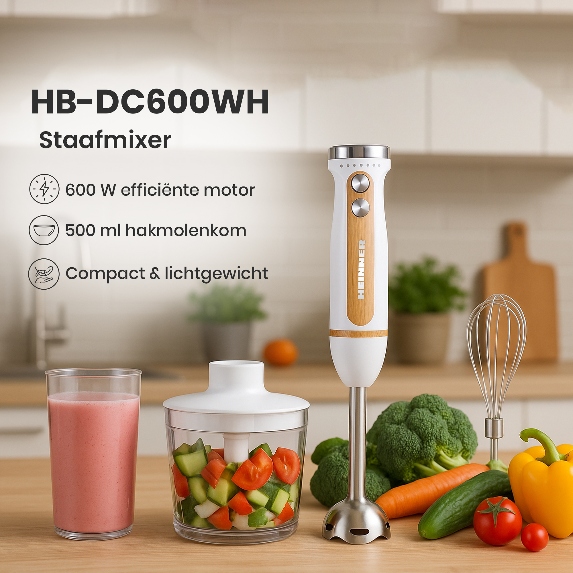 Mixeur avec légumes et smoothie. Comprend un mixeur, des légumes, un smoothie et des ustensiles de cuisine sur une surface en bois.
