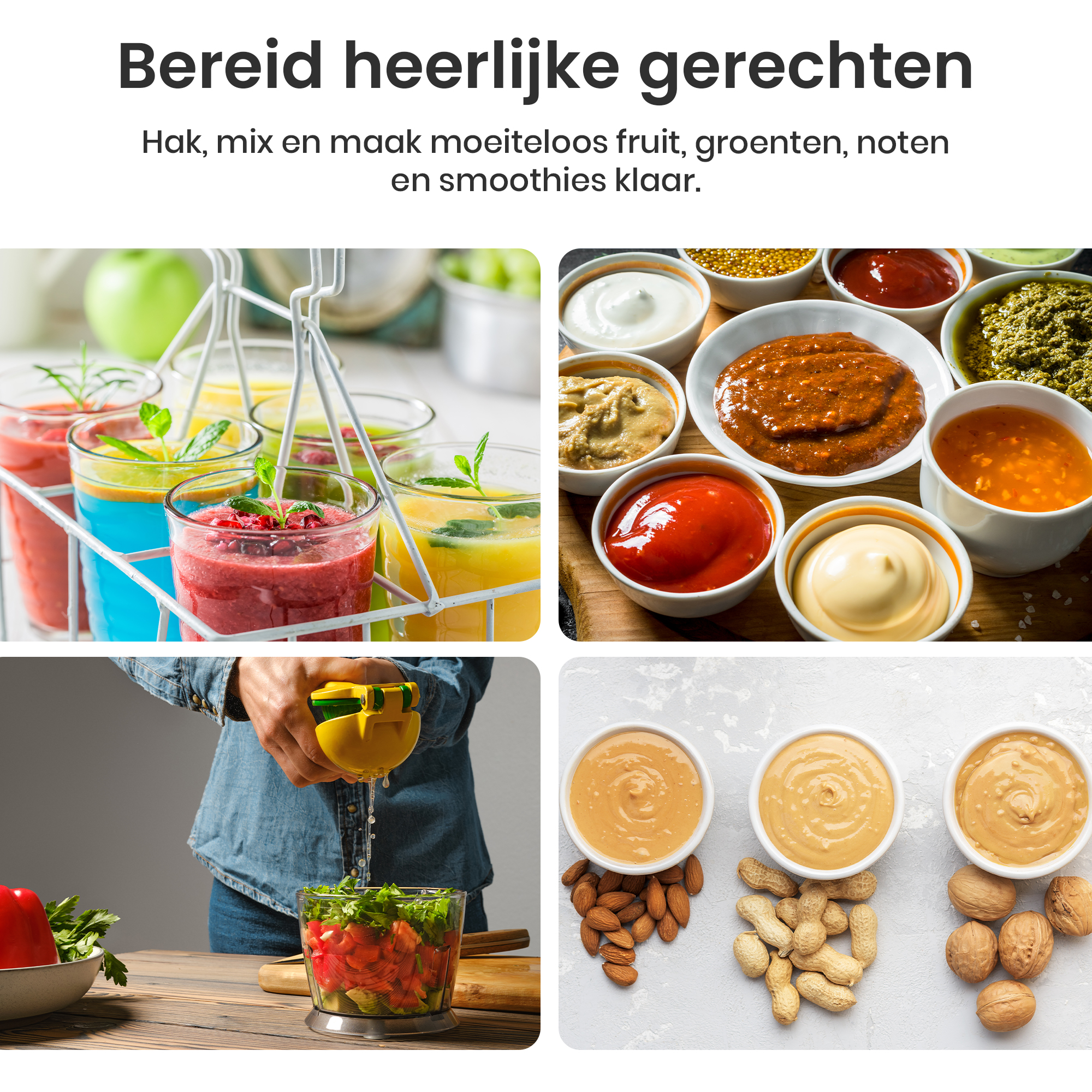L'image montre des smoothies, des sauces et des ingrédients comme des noix et des légumes, avec une personne qui presse du jus.