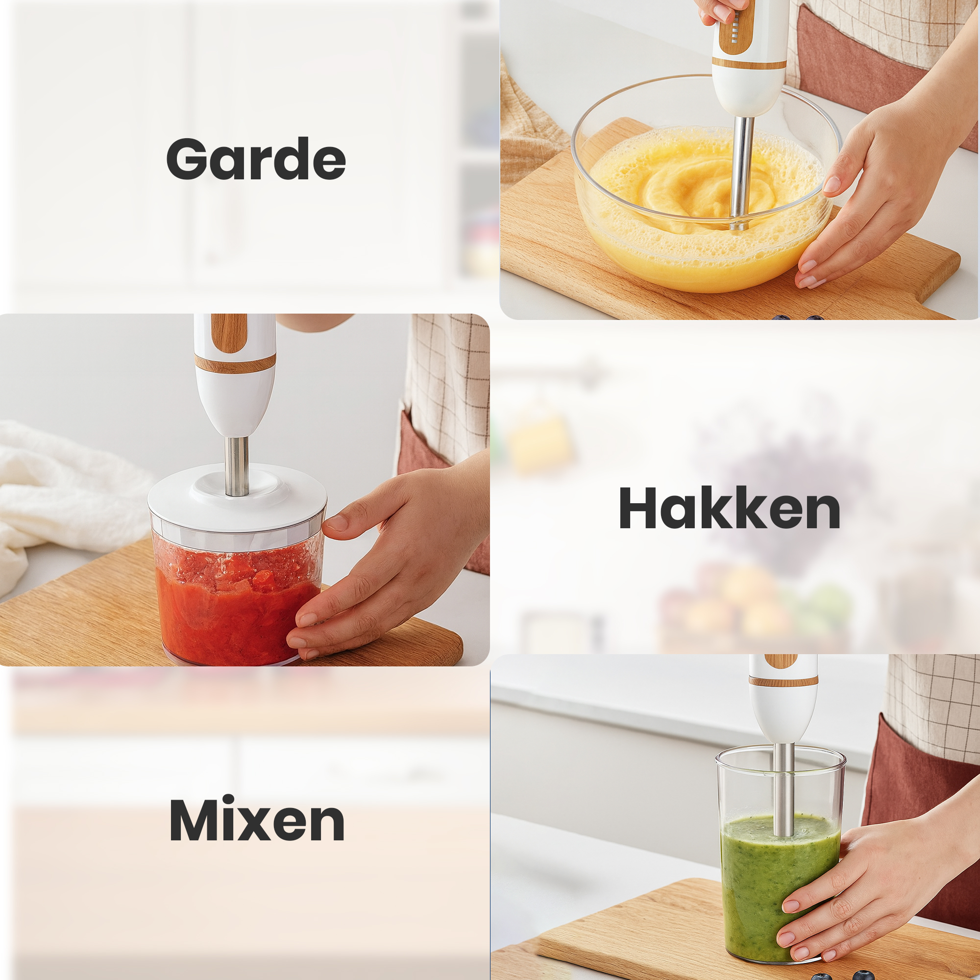 Un mixeur plongeant mélange des ingrédients dans trois contenants différents : un bol, un hachoir et un verre. Chaque processus est étiqueté.