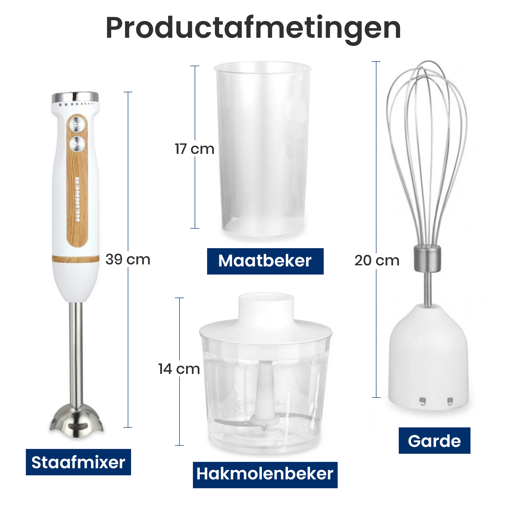 L'image présente un ensemble de mixeur plongeant avec accessoires. Comprend un mixeur, un bécher, un hachoir et un fouet, avec des dimensions.