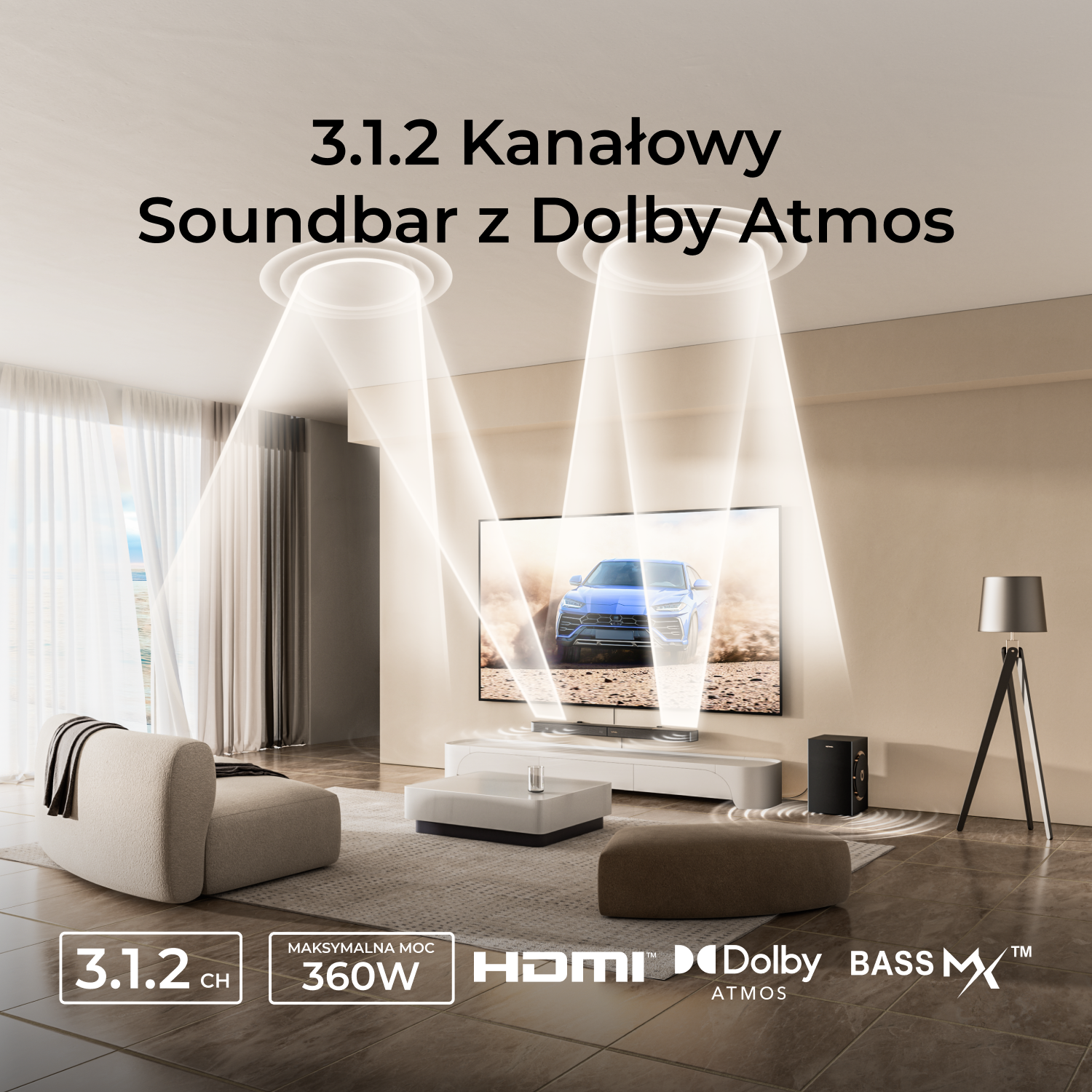 Salon z soundbarem, telewizorem, kanapą i subwooferem. Tekst na obrazie: 3.1.2 Kanałowy Soundbar z Dolby Atmos, 360W.