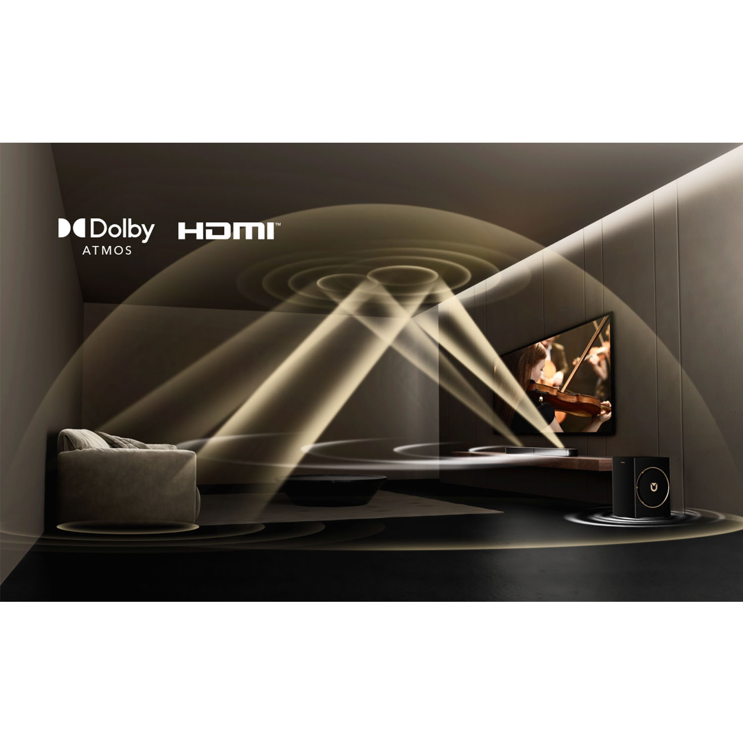 Nowoczesny salon z telewizorem pokazującym występ skrzypcowy, głośnikiem i kanapą. Wizualizacja fal dźwiękowych.