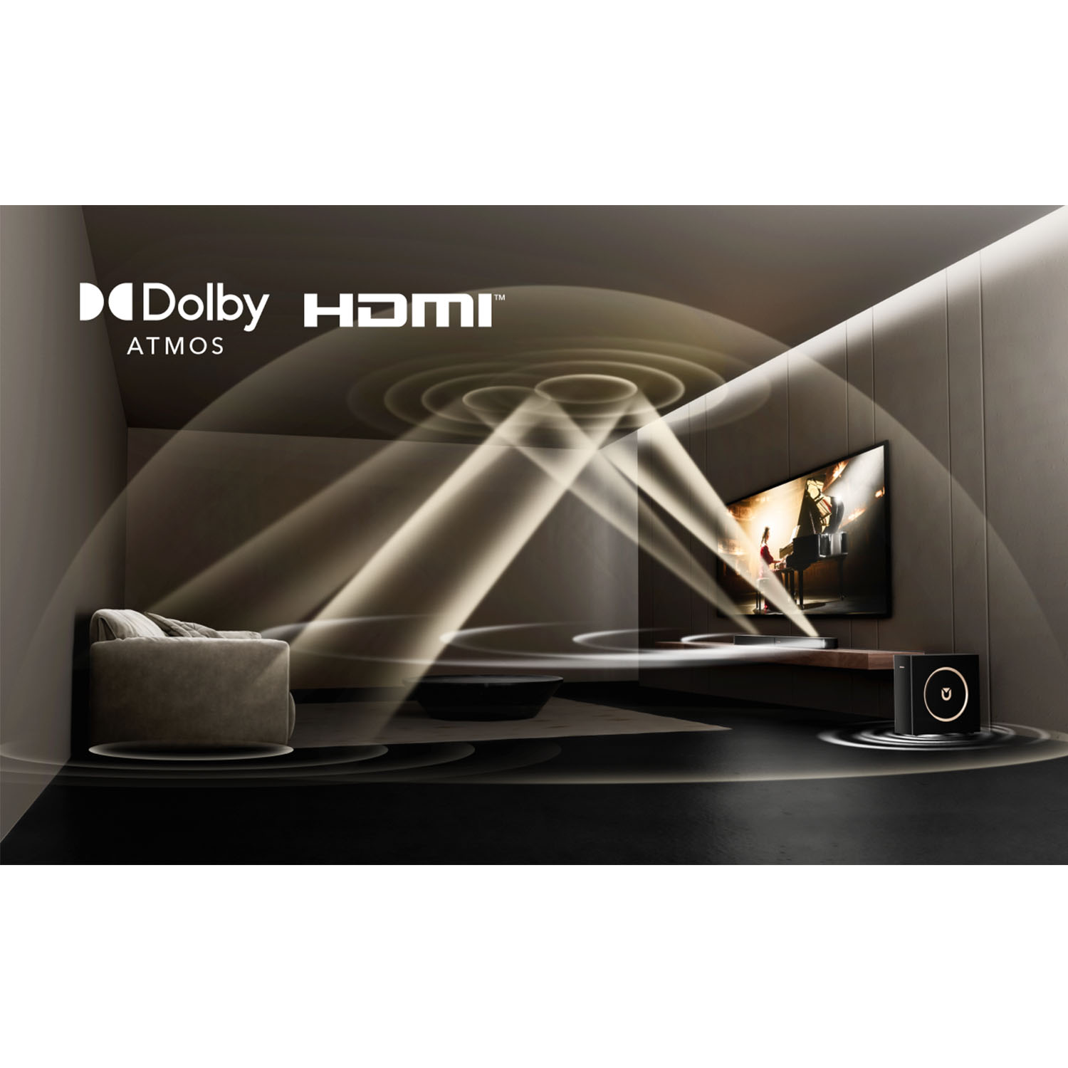Pokój z telewizorem, systemem dźwiękowym i kanapą. Fale dźwiękowe emanują z telewizora i głośnika, widoczne jest logo Dolby Atmos.