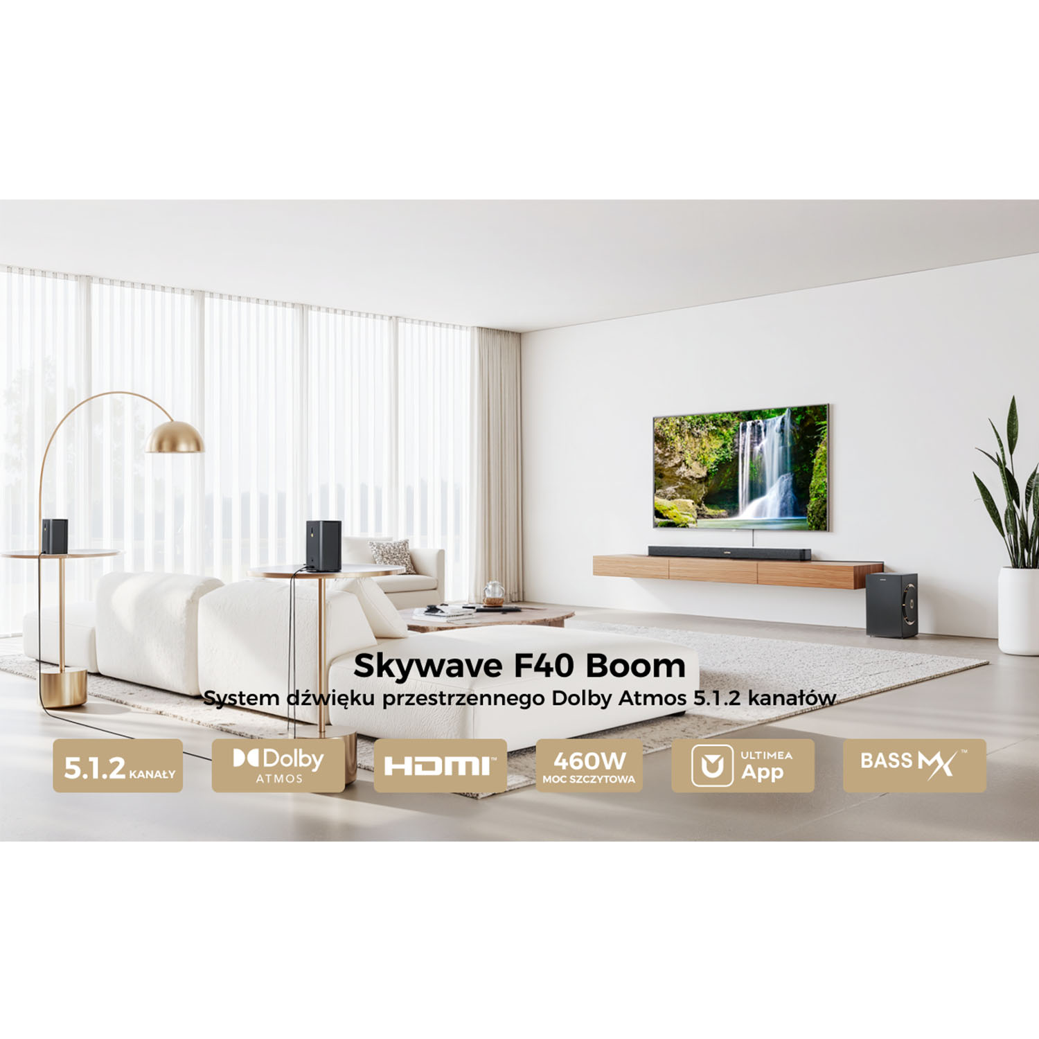 Nowoczesny salon z białą sofą, telewizorem z wodospadem i systemem dźwiękowym. Pokój jest jasny i stylowy.