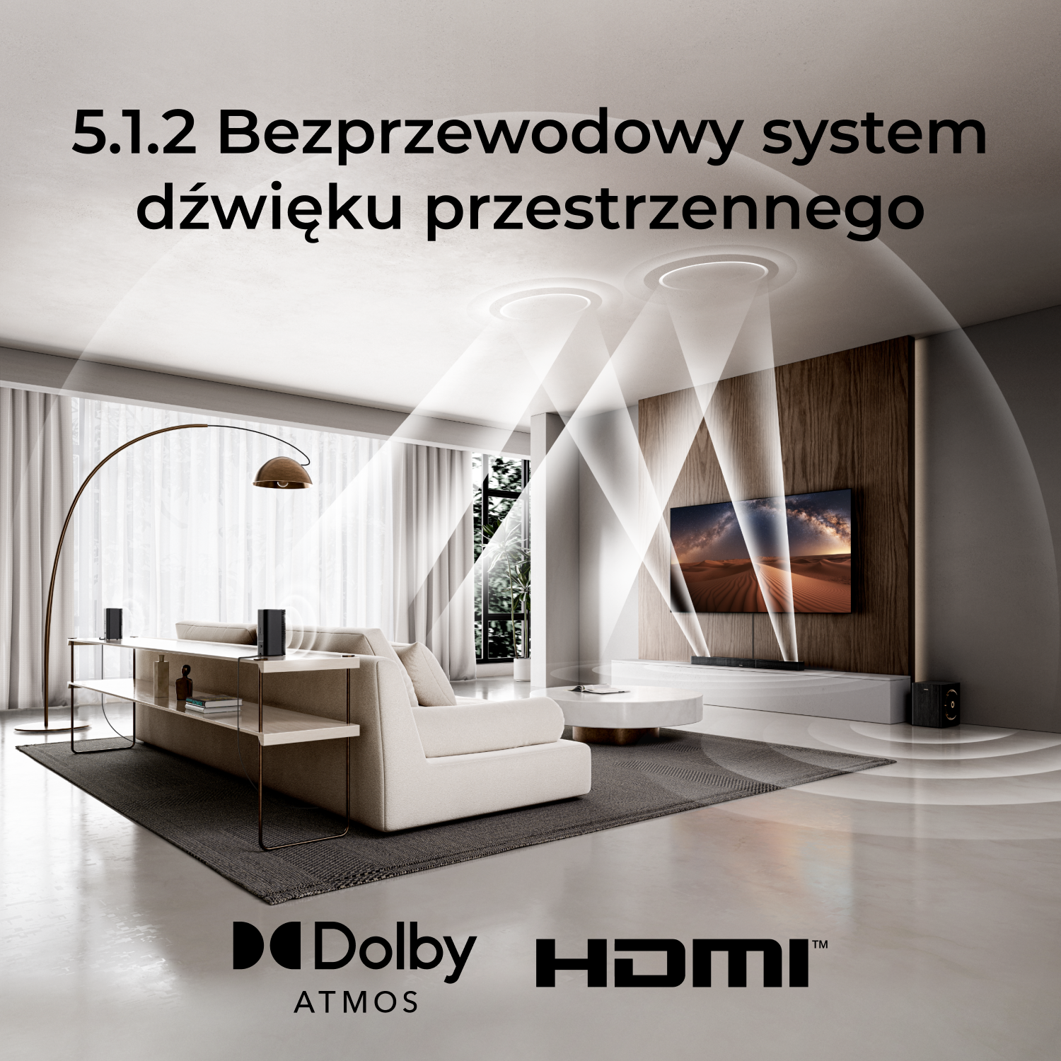 Nowoczesny salon z systemem dźwiękowym. Telewizor na ścianie. W pokoju sofa, dywan i głośniki. Logo Dolby Atmos jest obecne.